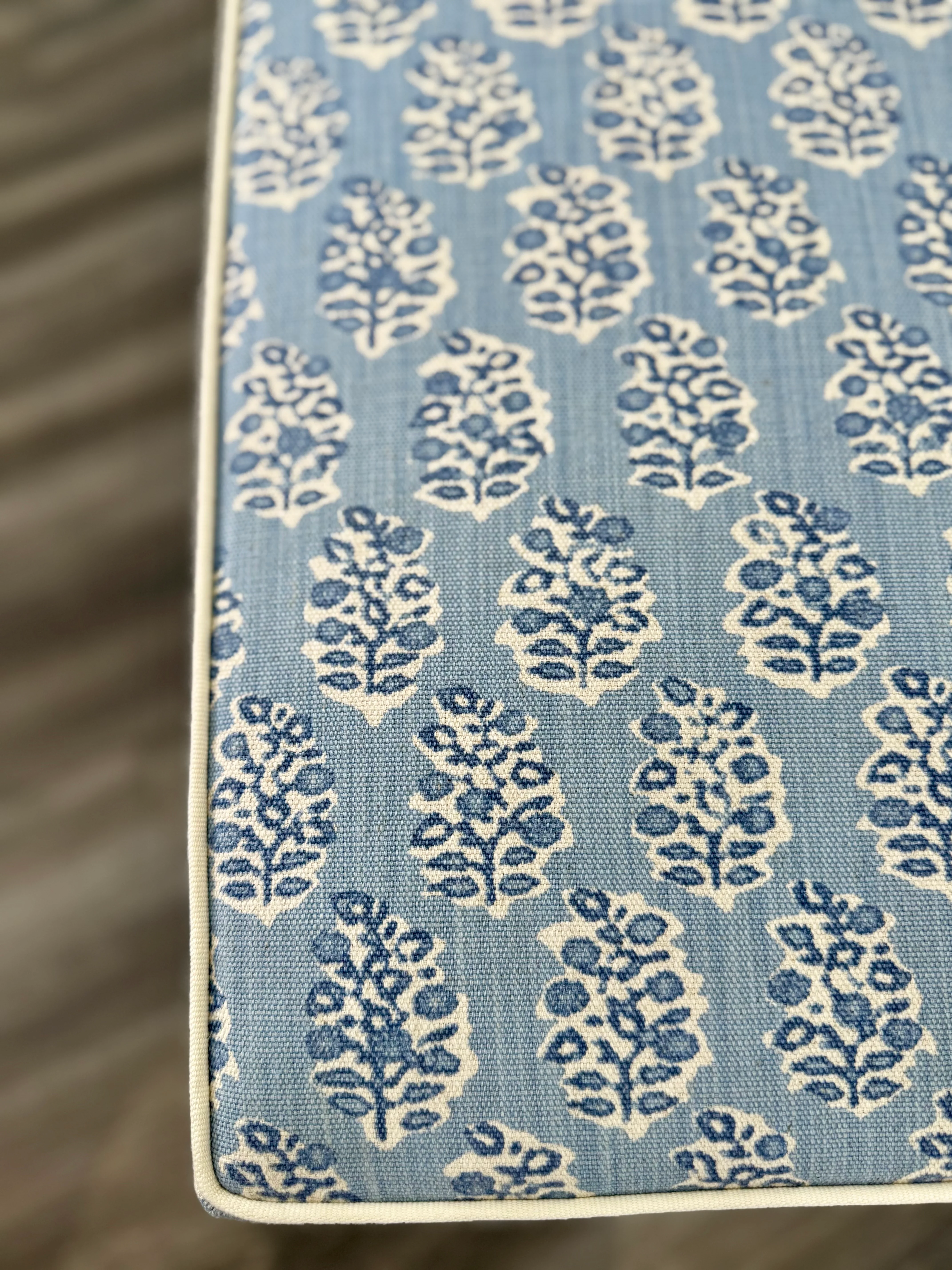 Custom Upholstered Bench in Perry Blue Floral Fabric - Image 5