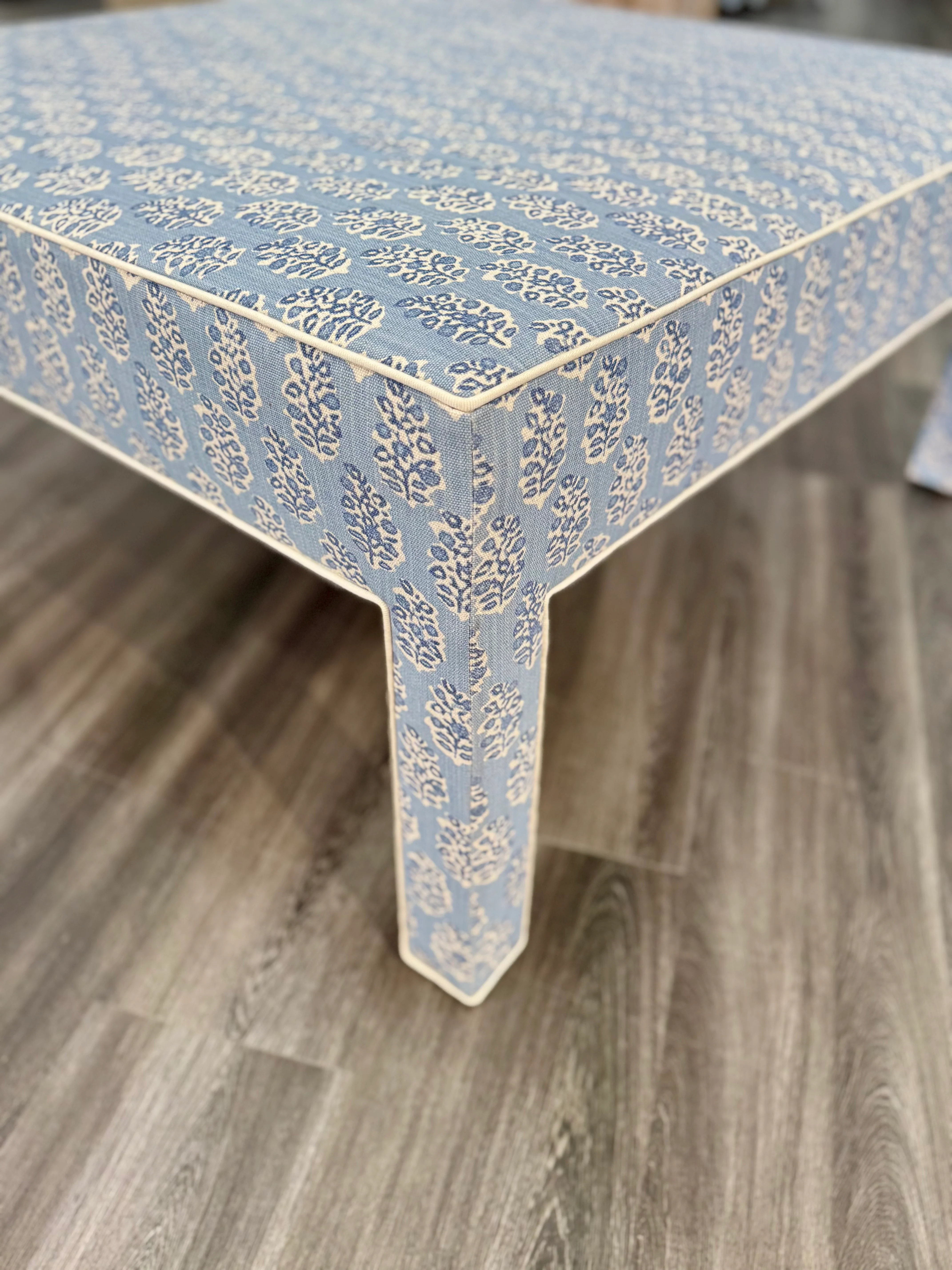Custom Upholstered Bench in Perry Blue Floral Fabric - Image 6