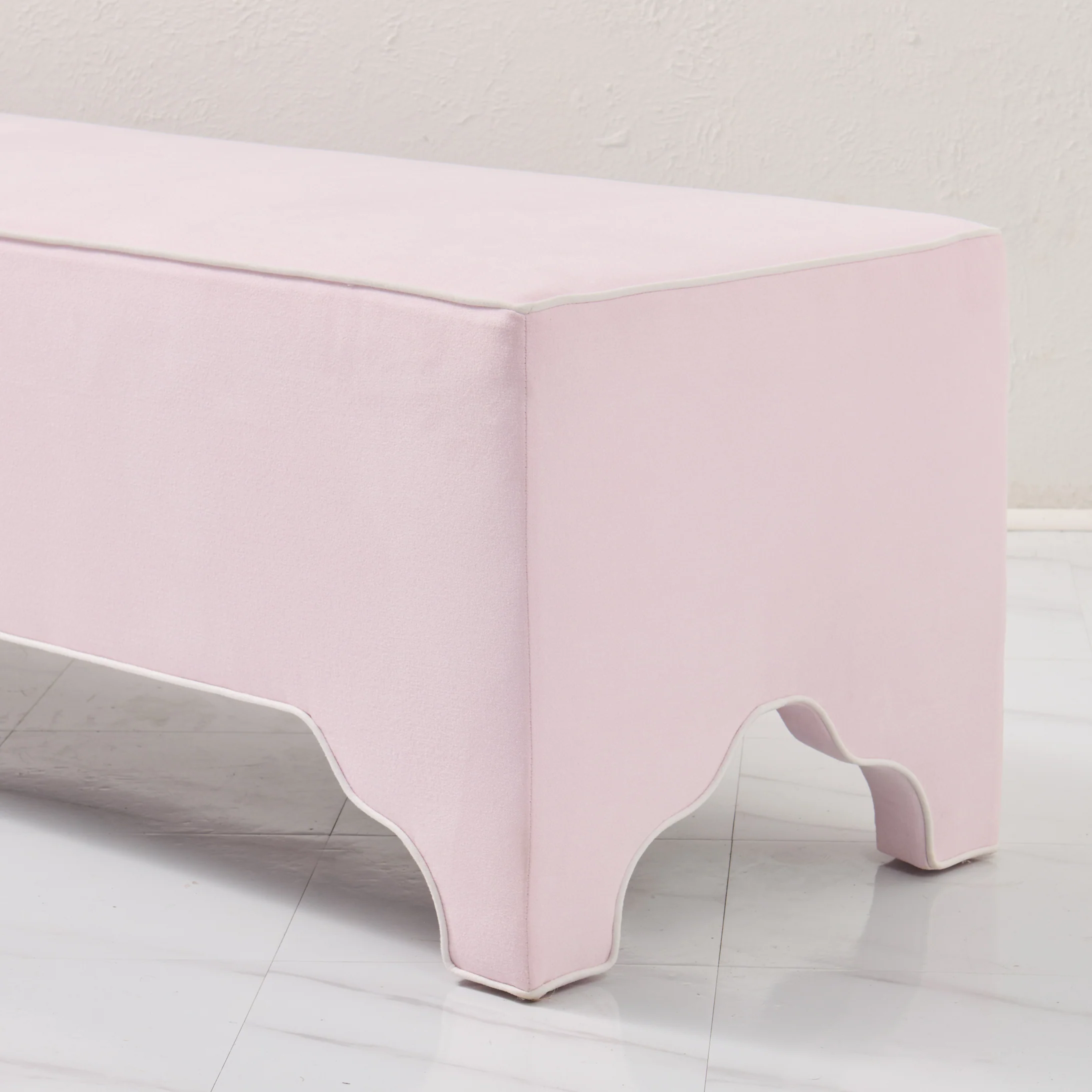 Custom Upholstered Bench in Powder Pink Woven Fabric - Image 2