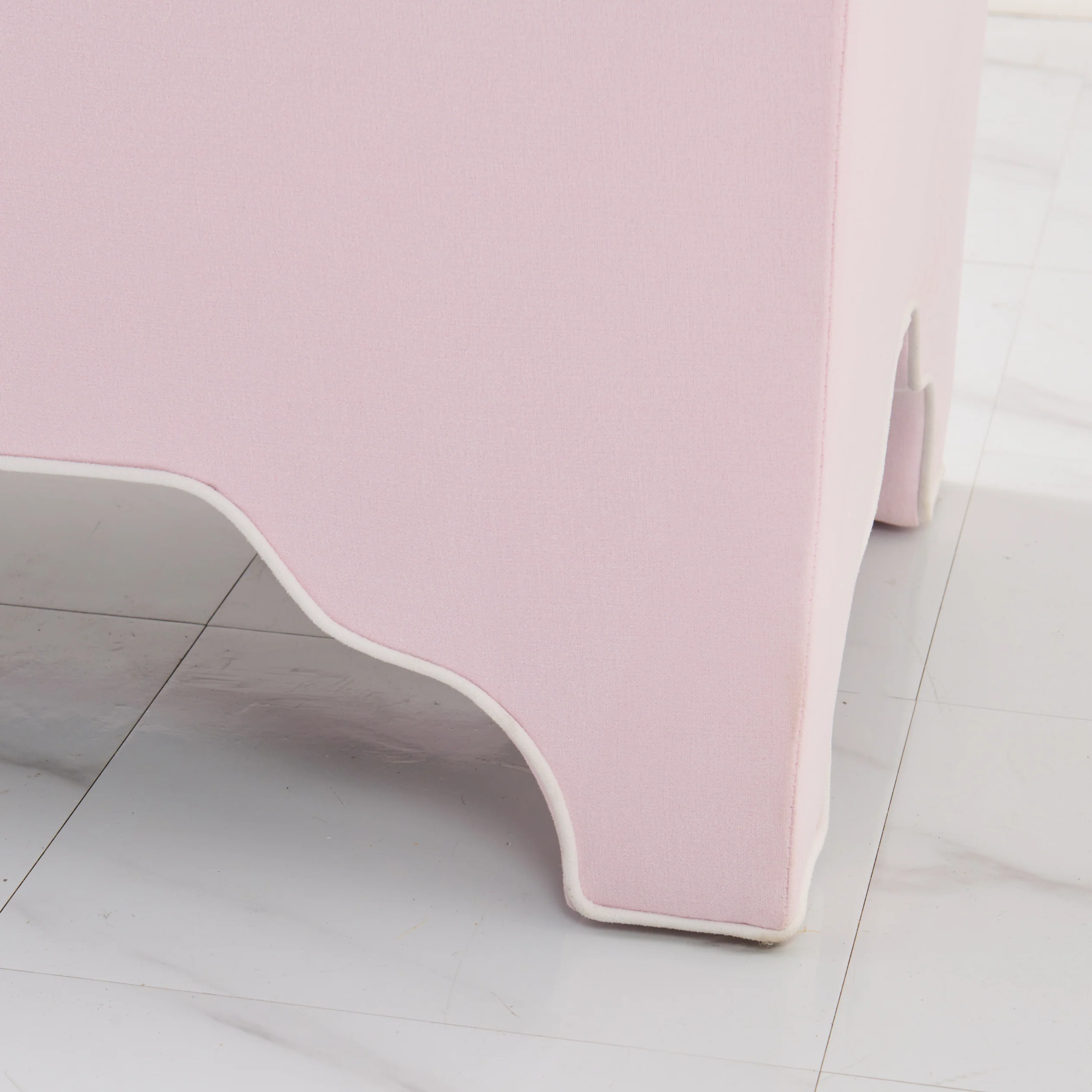 Custom Upholstered Bench in Powder Pink Woven Fabric - Image 7