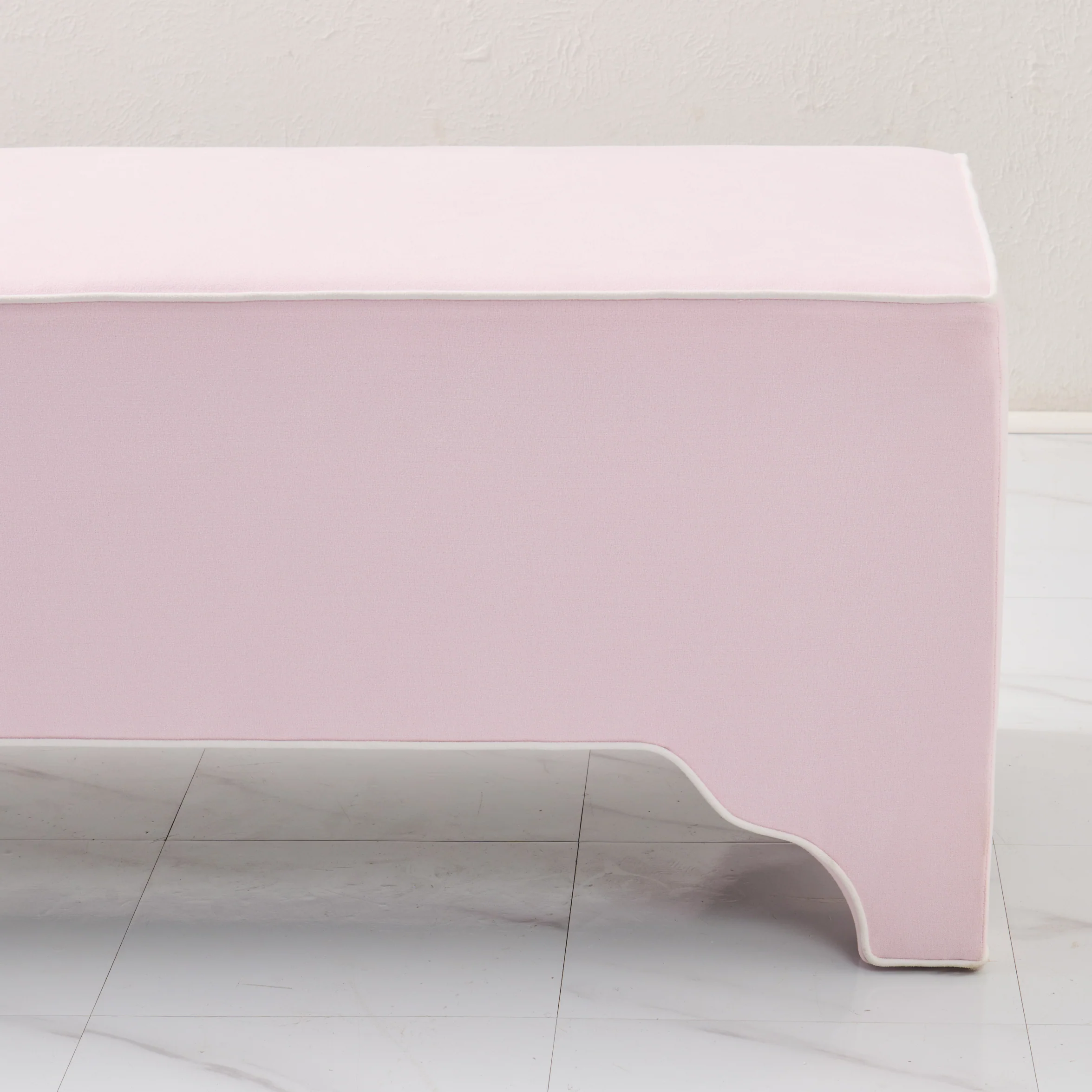 Custom Upholstered Bench in Powder Pink Woven Fabric - Image 8