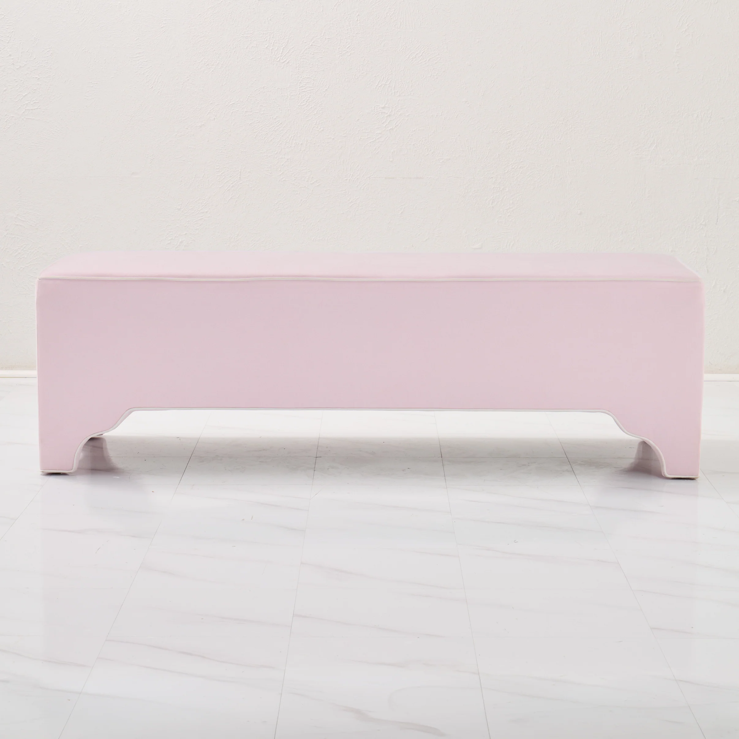 Custom Upholstered Bench in Powder Pink Woven Fabric - Image 9