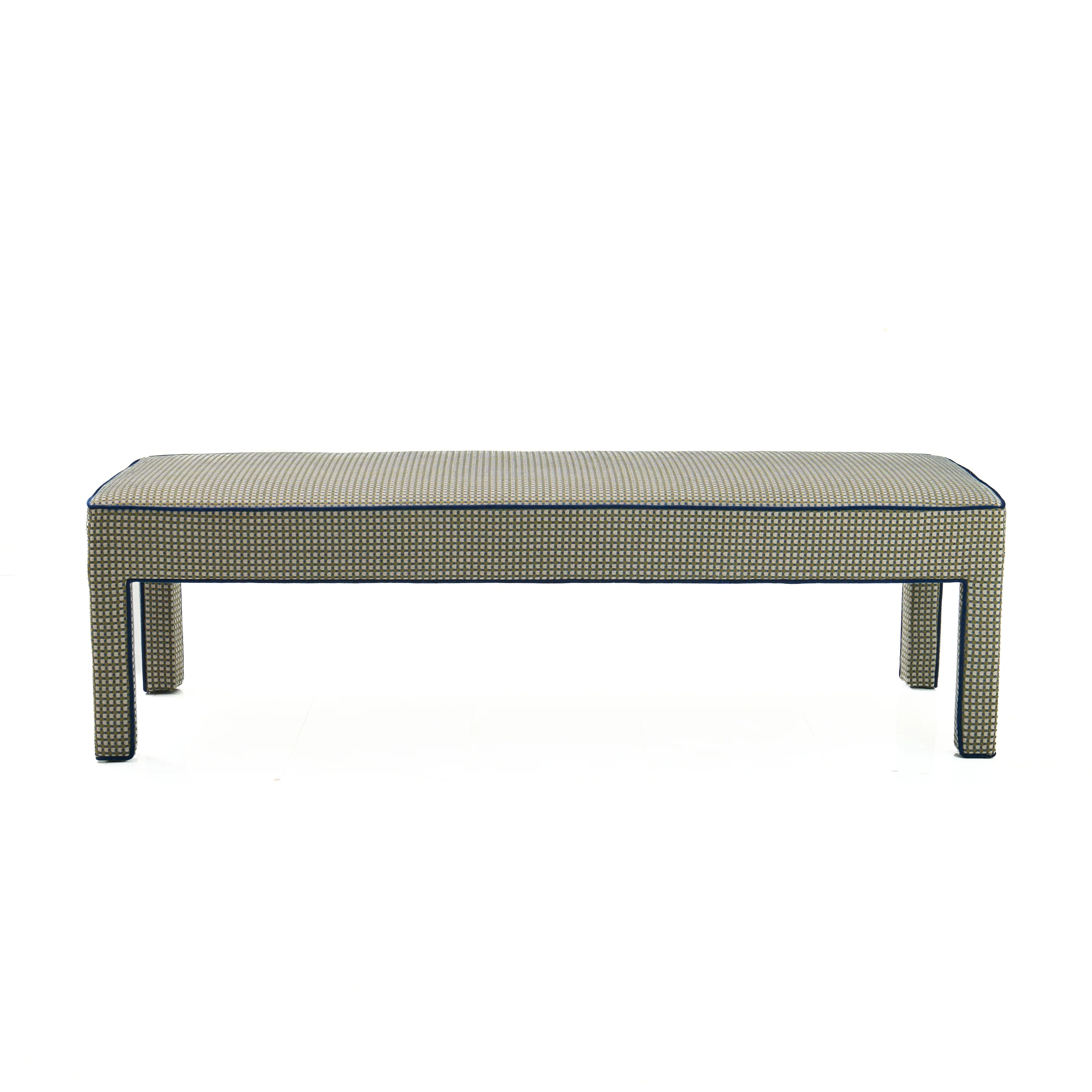 Custom Upholstered Bench in Thibaut Fabric - Navy Trim
