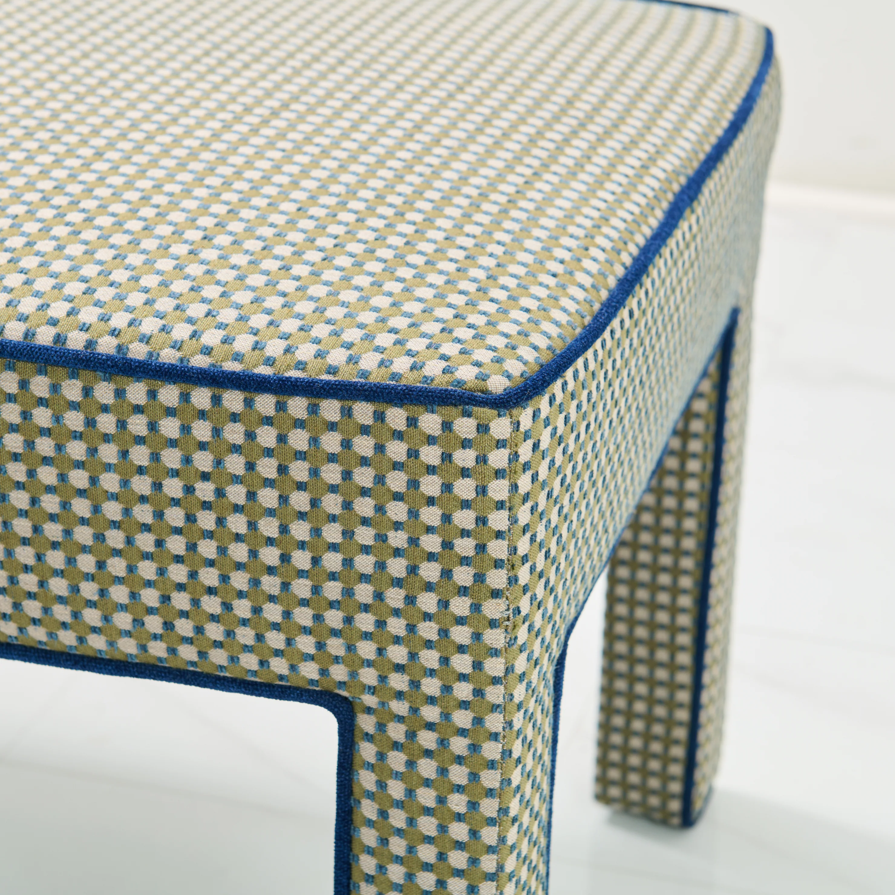 Custom Upholstered Bench in Thibaut Fabric - Navy Trim - Image 2