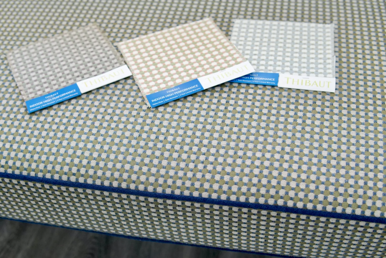 Custom Upholstered Bench in Thibaut Fabric - Navy Trim - Image 3