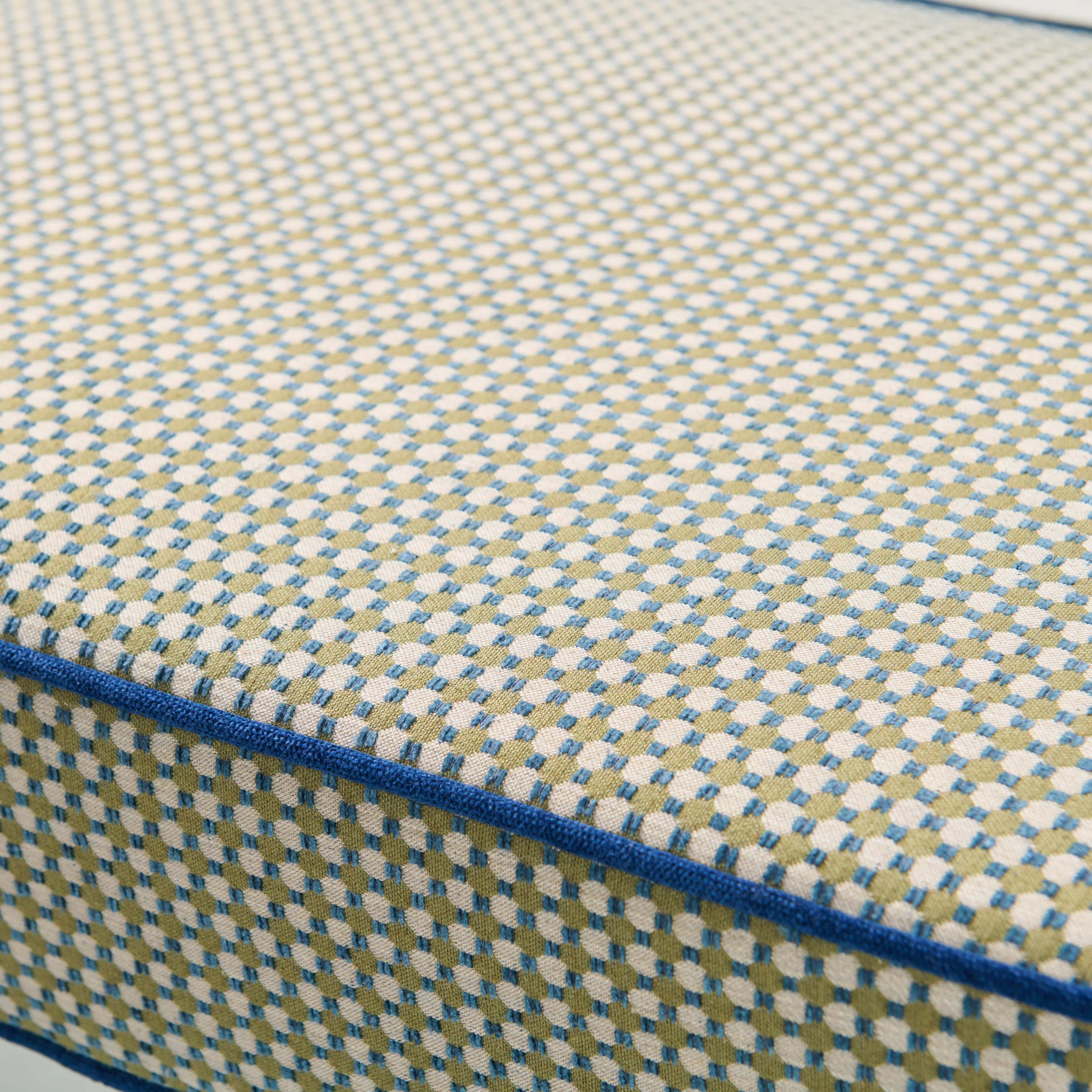 Custom Upholstered Bench in Thibaut Fabric - Navy Trim - Image 4