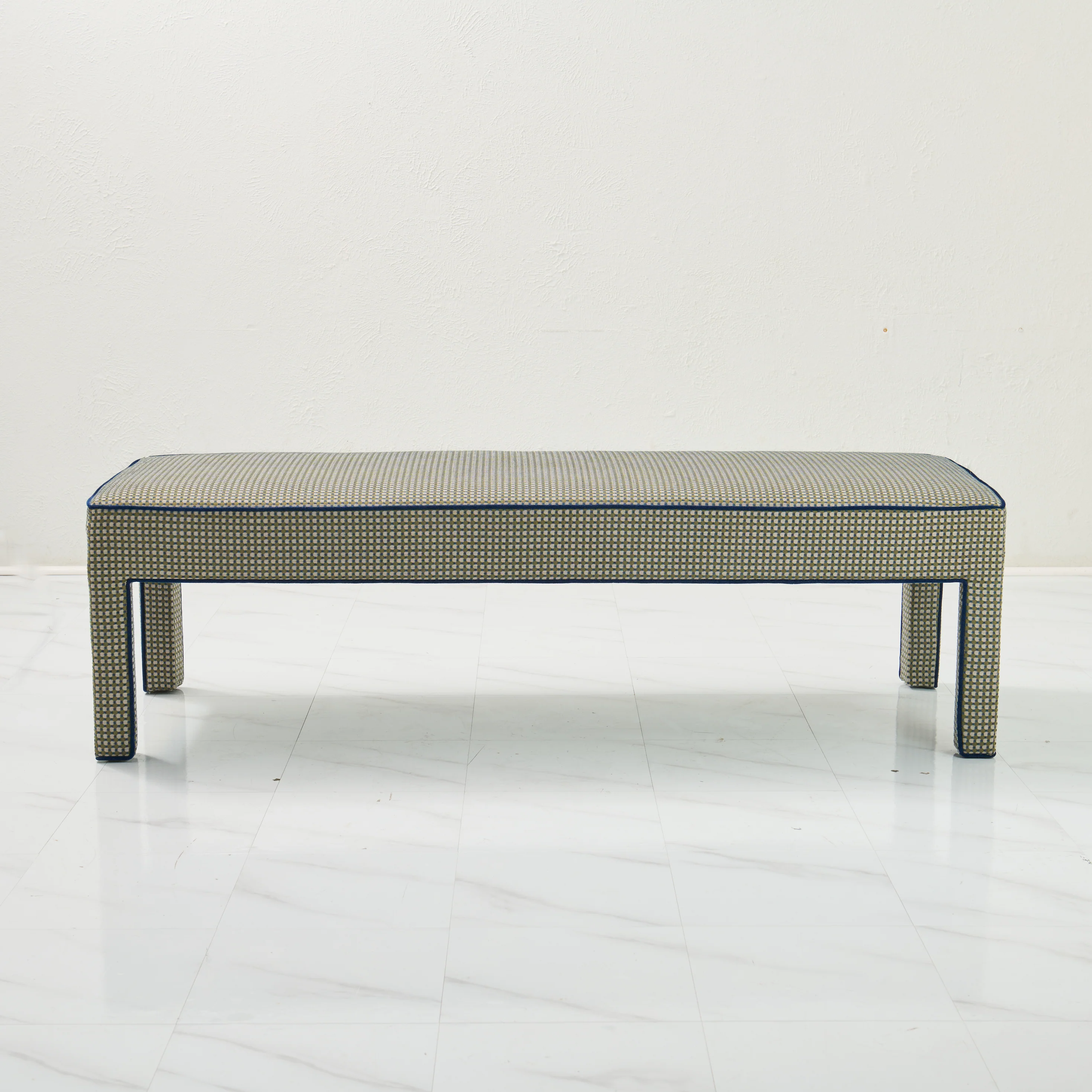 Custom Upholstered Bench in Thibaut Fabric - Navy Trim - Image 5