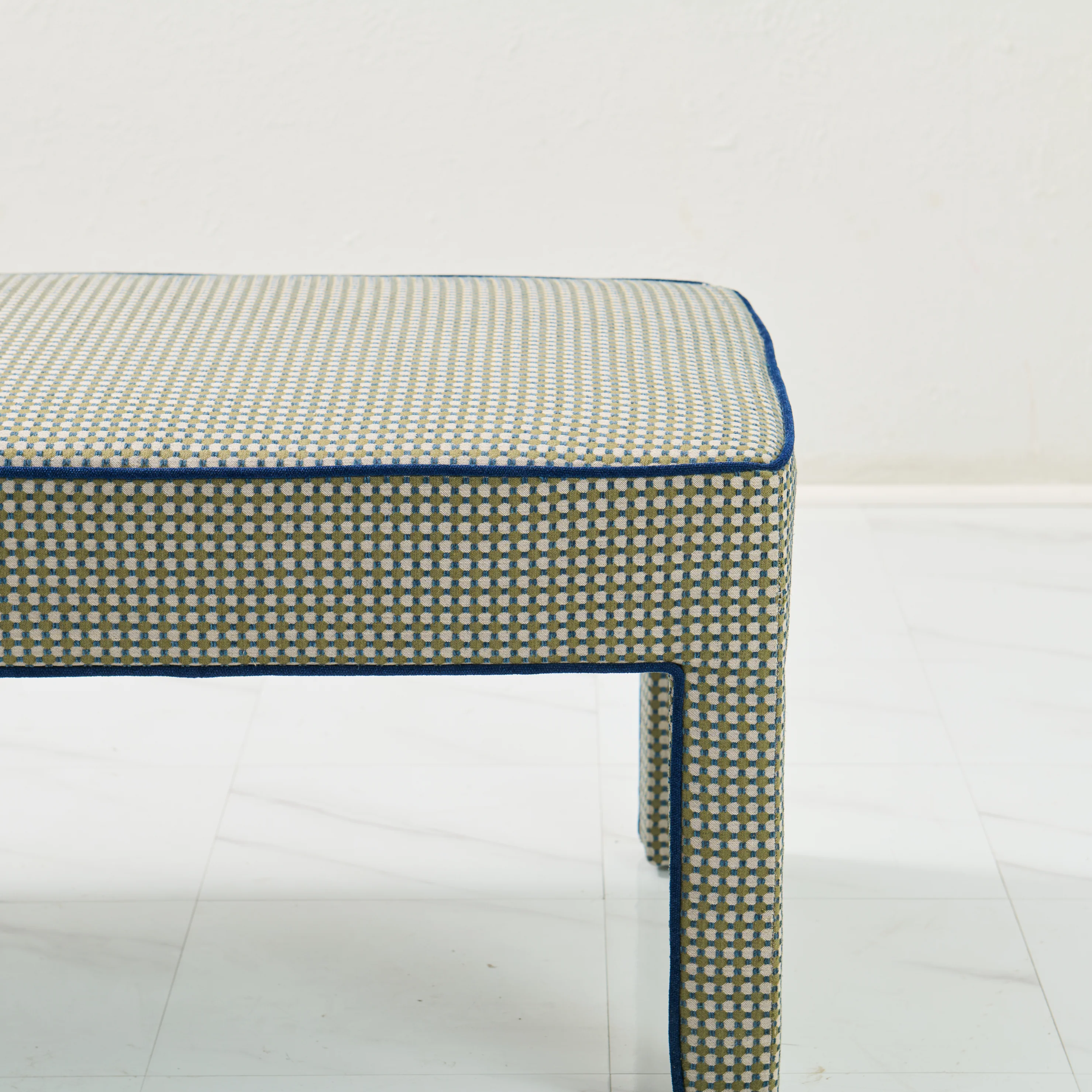 Custom Upholstered Bench in Thibaut Fabric - Navy Trim - Image 6
