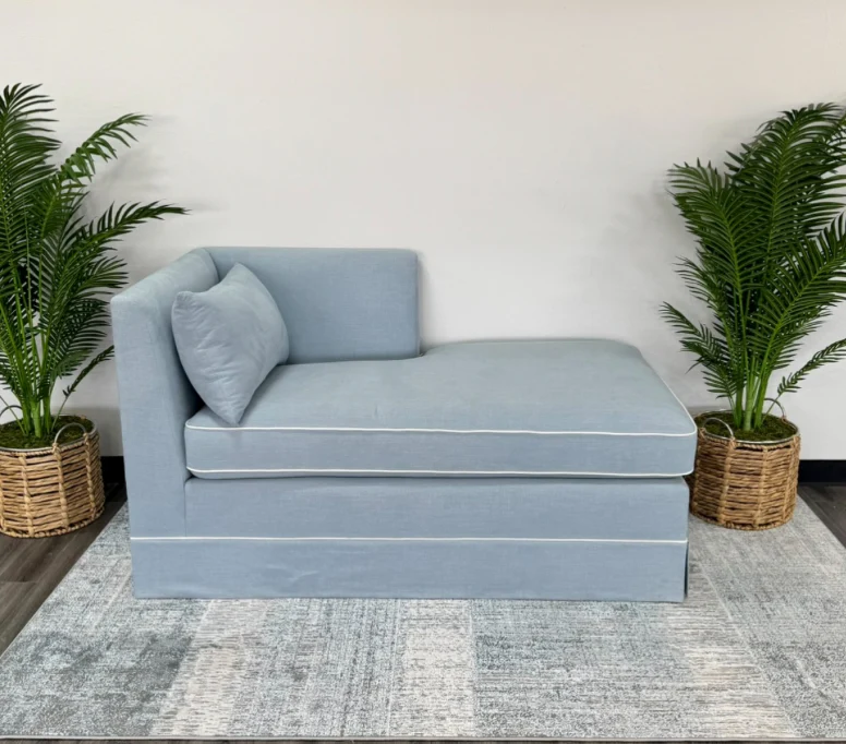 Custom Upholstered Chaise Chair in Sky Blue Woven - White Trim - Image 2