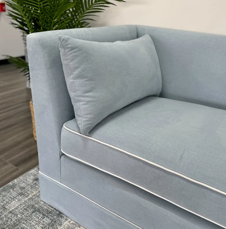Custom Upholstered Chaise Chair in Sky Blue Woven - White Trim - Image 4
