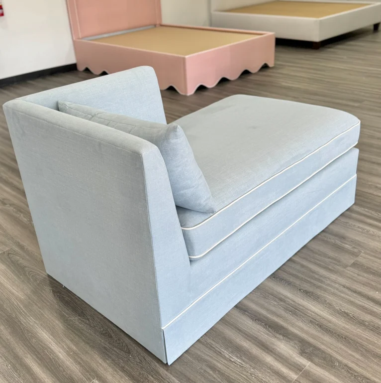Custom Upholstered Chaise Chair in Sky Blue Woven - White Trim - Image 5