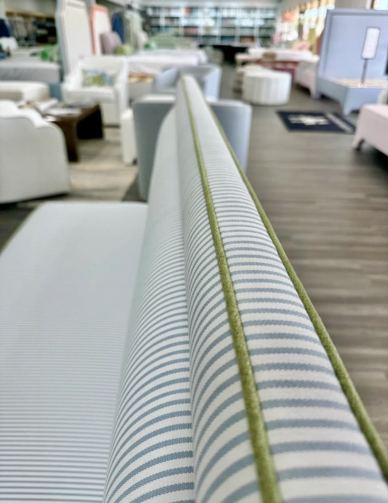 Lorraine Banquette ā Perennials Striped Blue Fabric - Green Trim - Image 11