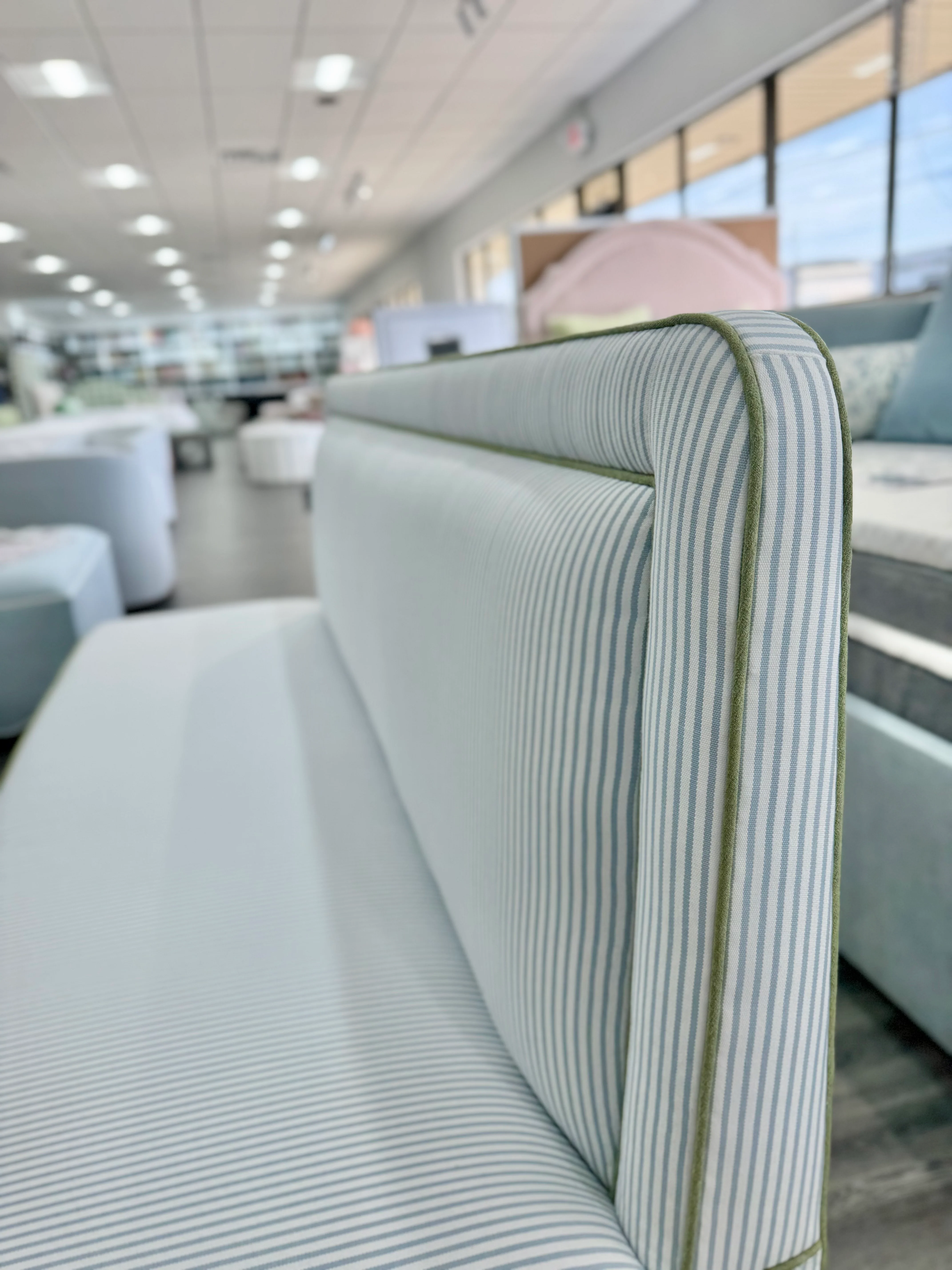 Lorraine Banquette ā Perennials Striped Blue Fabric - Green Trim - Image 13