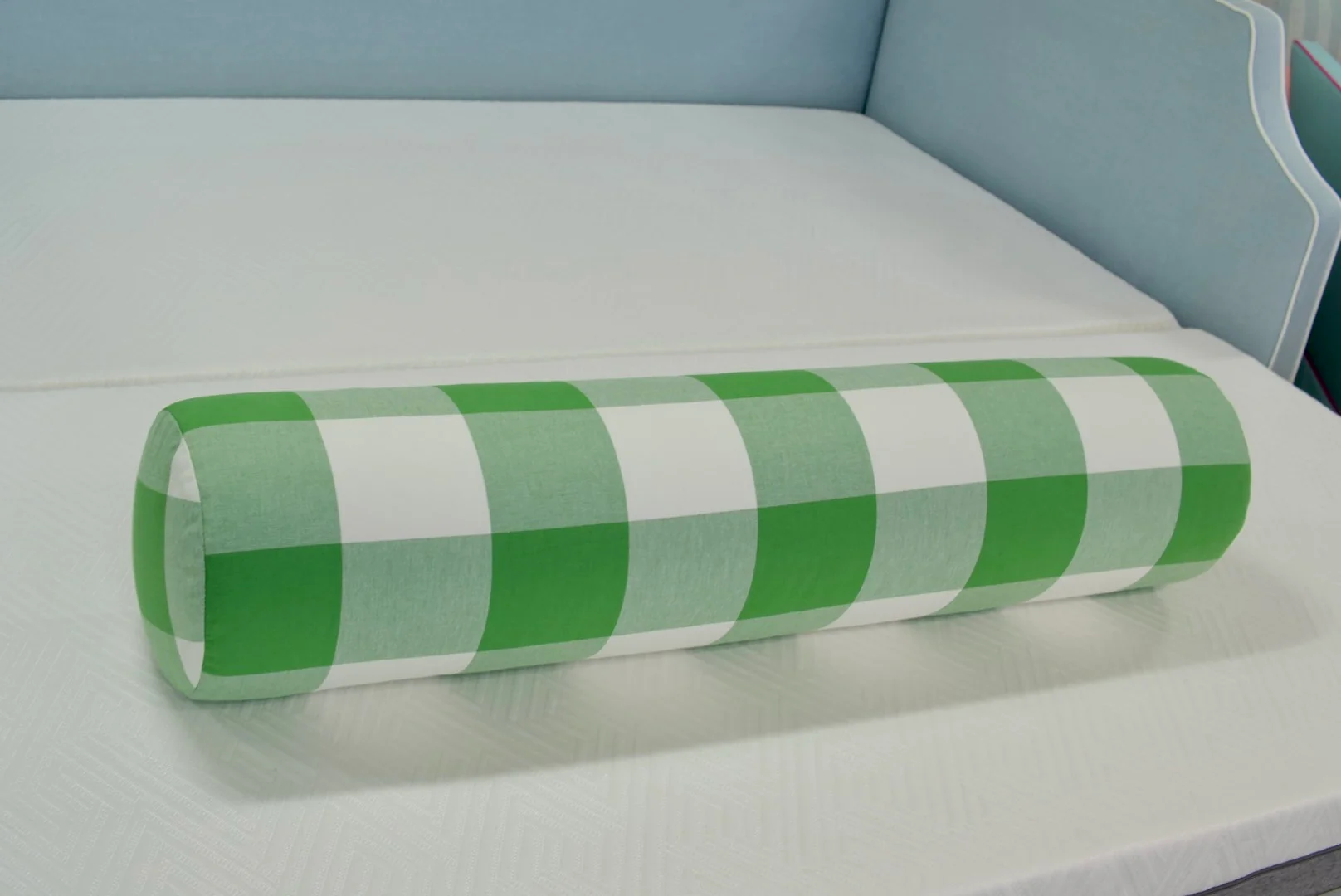 Handcrafted Bolster Pillow – Green Checkered Fabric - Foam Insert - Image 5
