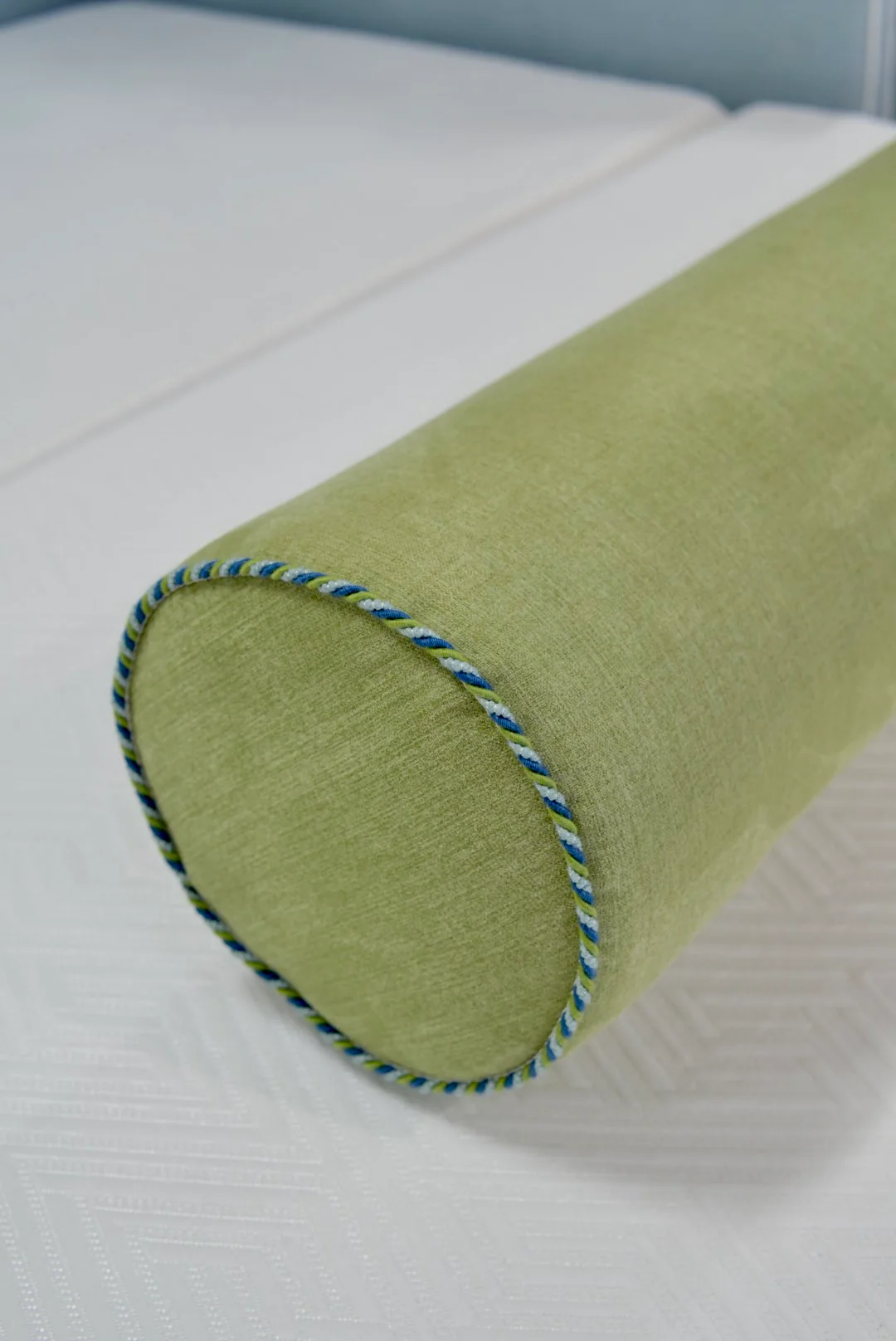 Handcrafted Bolster Pillow – Pistachio Green Fabric - Foam Insert - Image 3