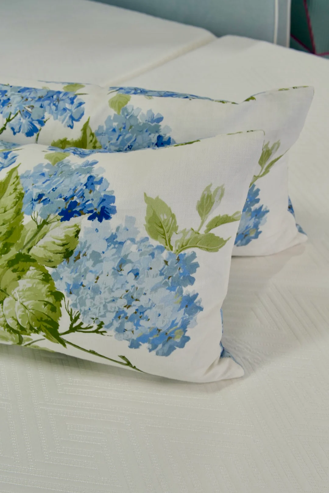 Handcrafted Throw Lumbar Pillows – Blue Hydrangea Schumacher Fabric - 50% Down Feather - Image 6