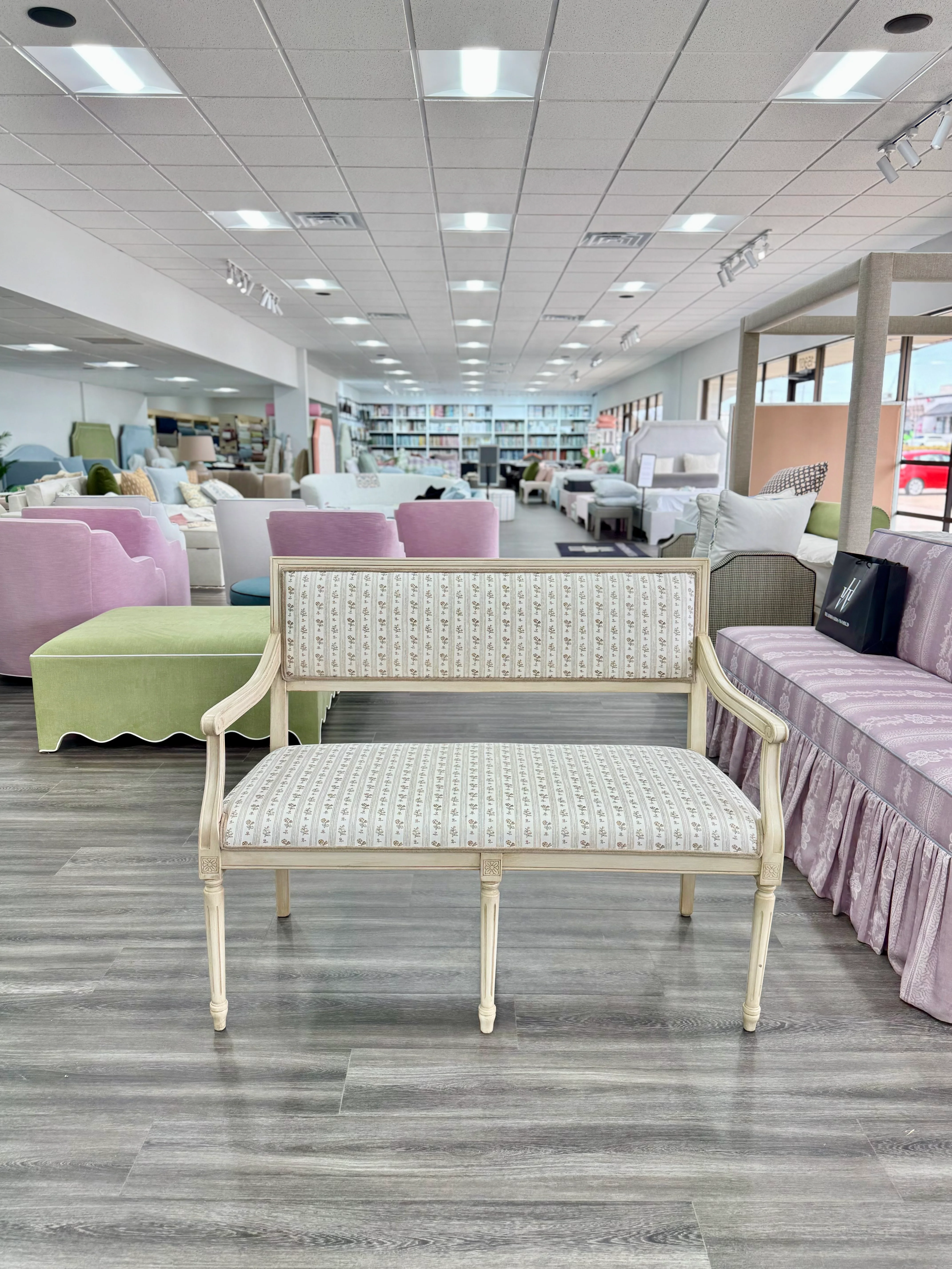 Italian Carved Upholstered Bench in Schumacher Fabric - Image 2