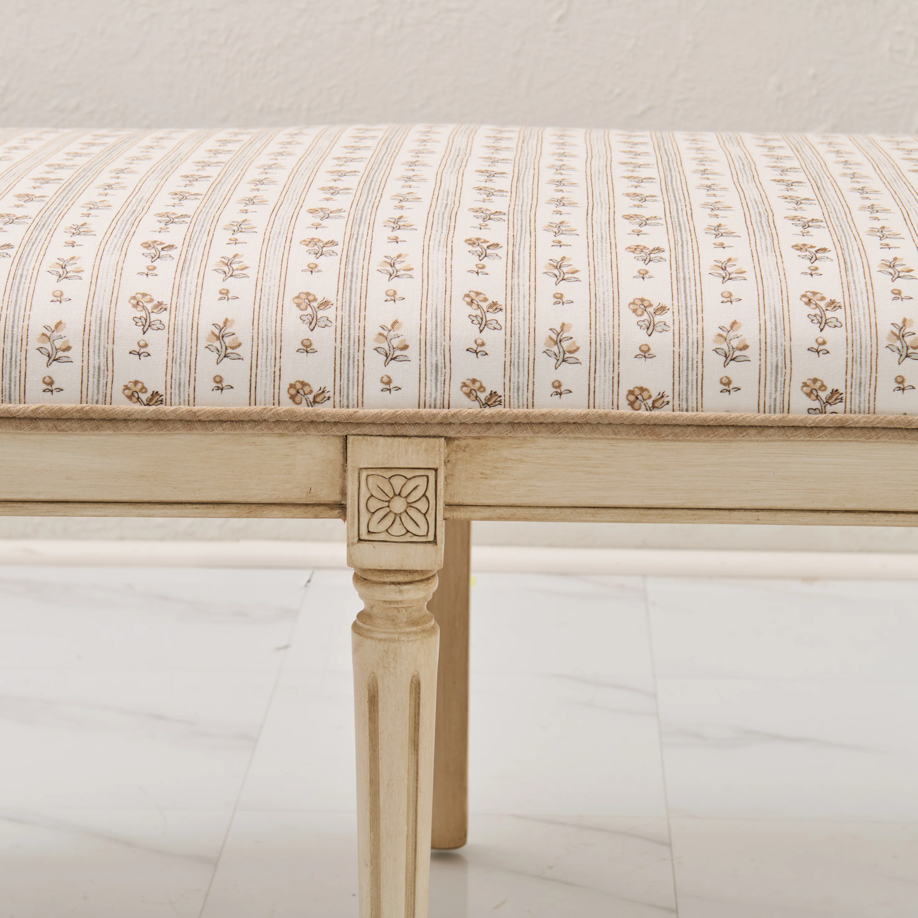 Italian Carved Upholstered Bench in Schumacher Fabric - Image 7