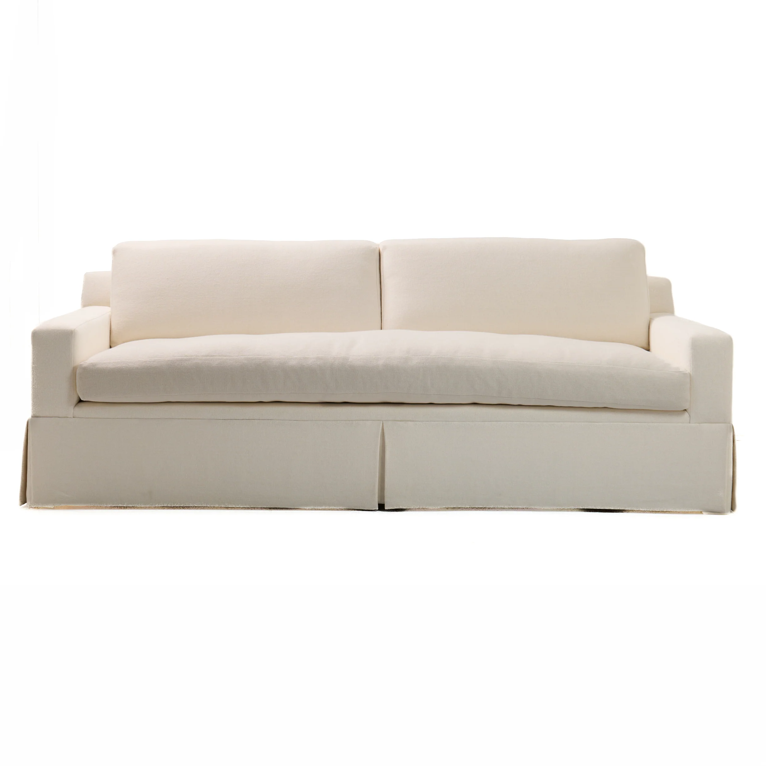 Luxe Feather-Seat Skirted Sofa in Upholstery Linen Fabric – Custom Built