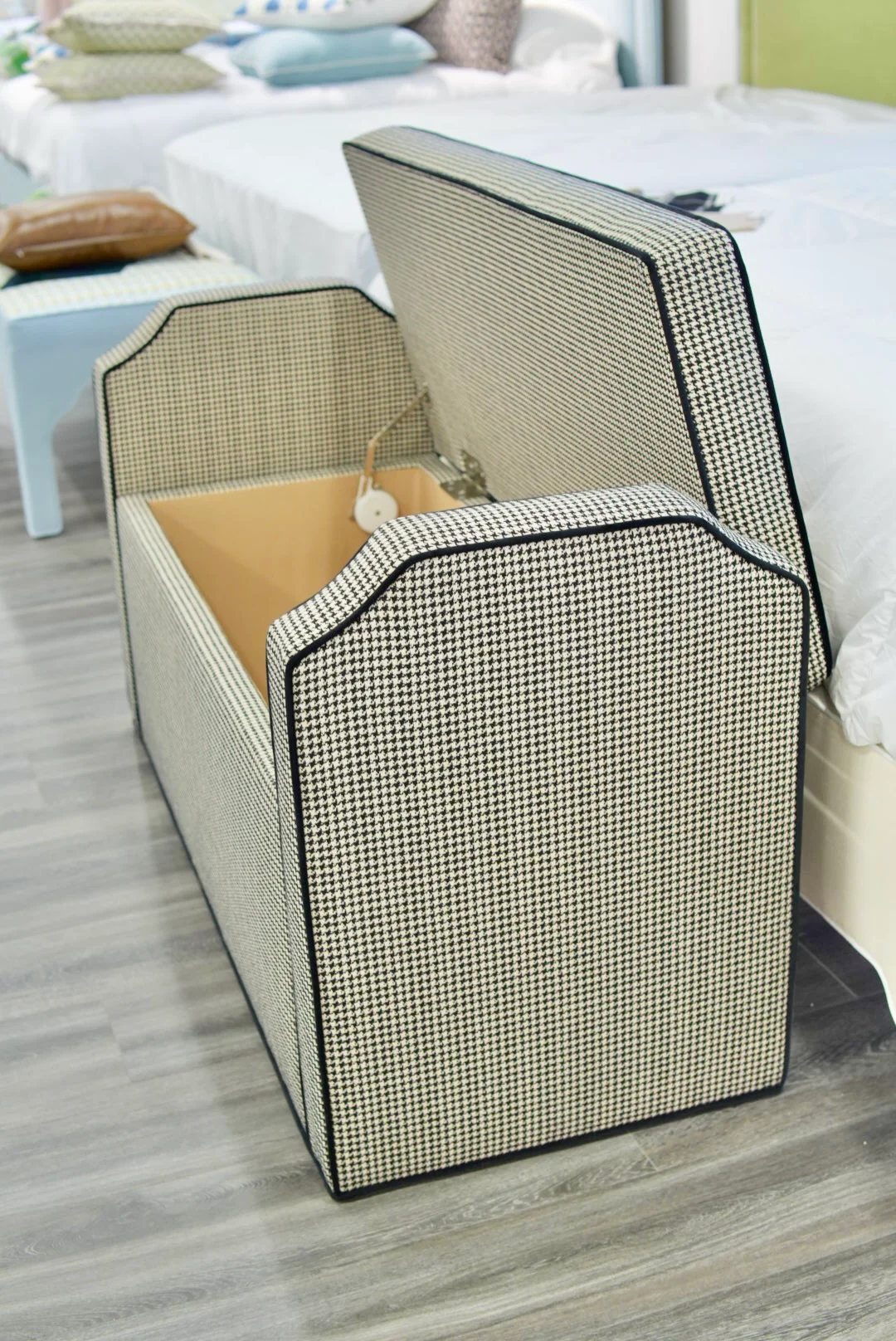 Milly Storage Bench – Houndstooth Fabric with Black Mohair Trim - Image 6