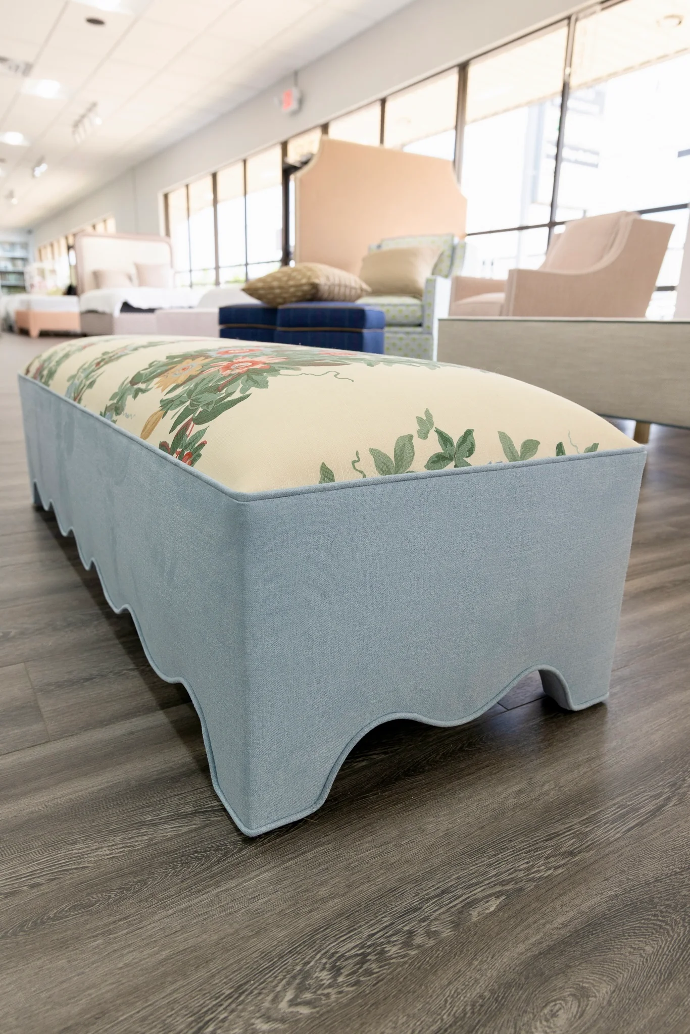 60” L Scalloped End of Bed Bench in Sky Blue Woven Fabric - White Trim - Image 6