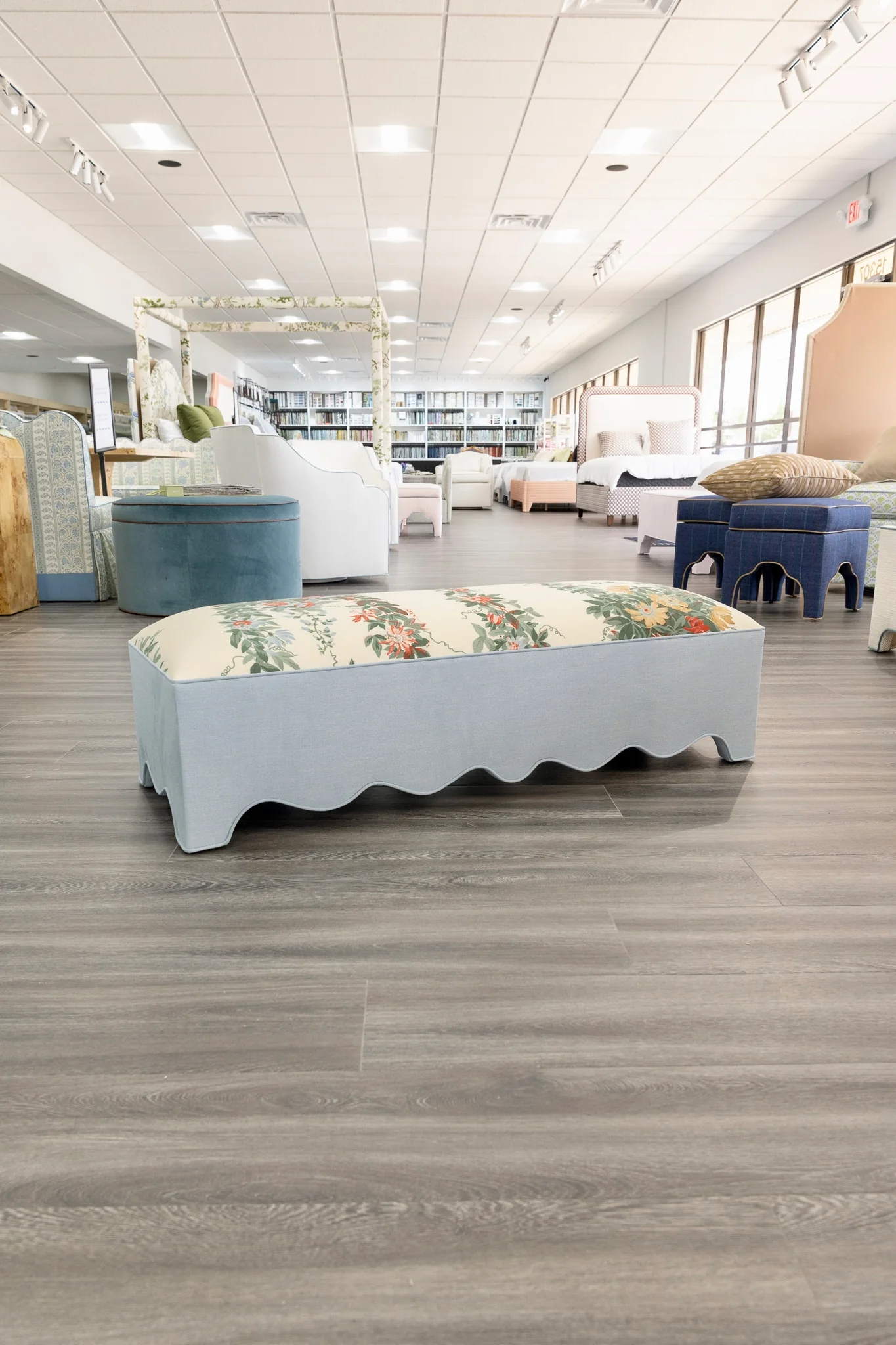 60” L Scalloped End of Bed Bench in Sky Blue Woven Fabric - White Trim - Image 7