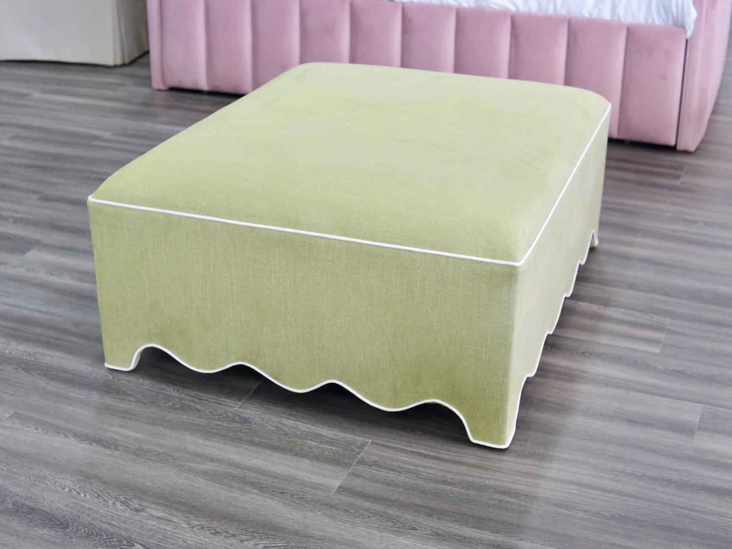 Scalloped Ottoman / Coffee table in Pistachio Green Woven Fabric - White Trim - Image 2
