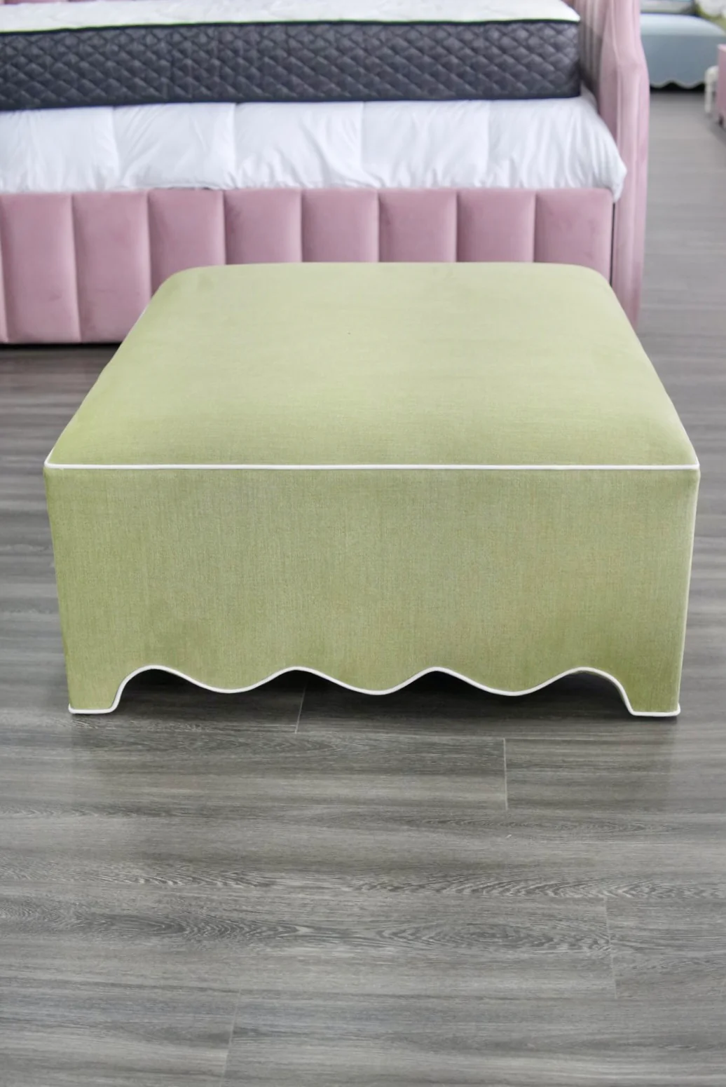 Scalloped Ottoman / Coffee table in Pistachio Green Woven Fabric - White Trim - Image 3