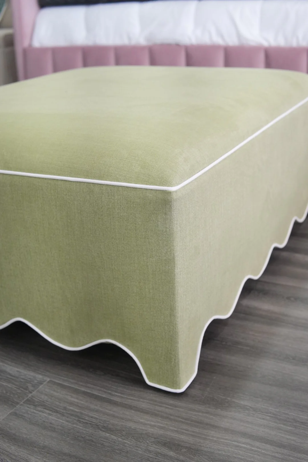 Scalloped Ottoman / Coffee table in Pistachio Green Woven Fabric - White Trim - Image 4