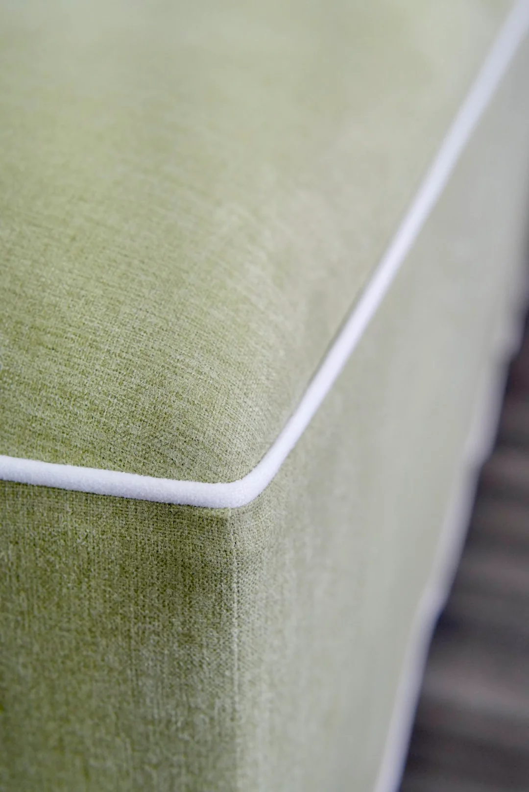 Scalloped Ottoman / Coffee table in Pistachio Green Woven Fabric - White Trim - Image 5