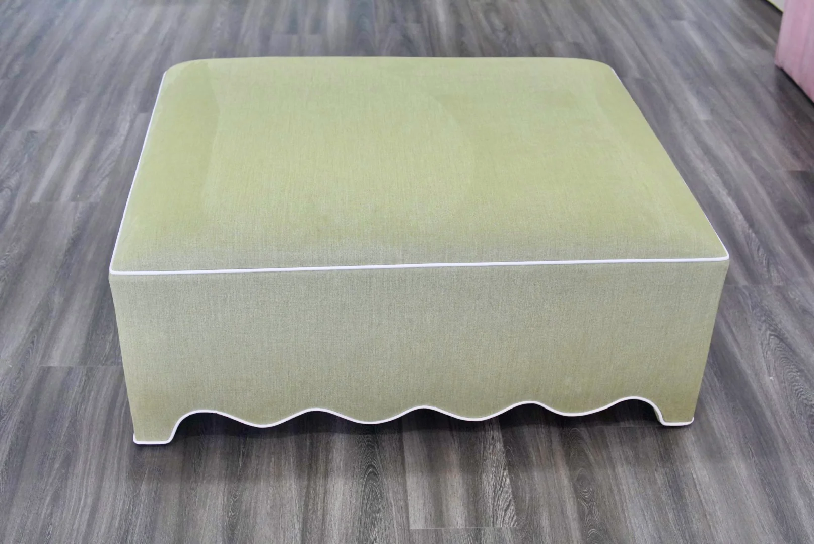 Scalloped Ottoman / Coffee table in Pistachio Green Woven Fabric - White Trim - Image 6