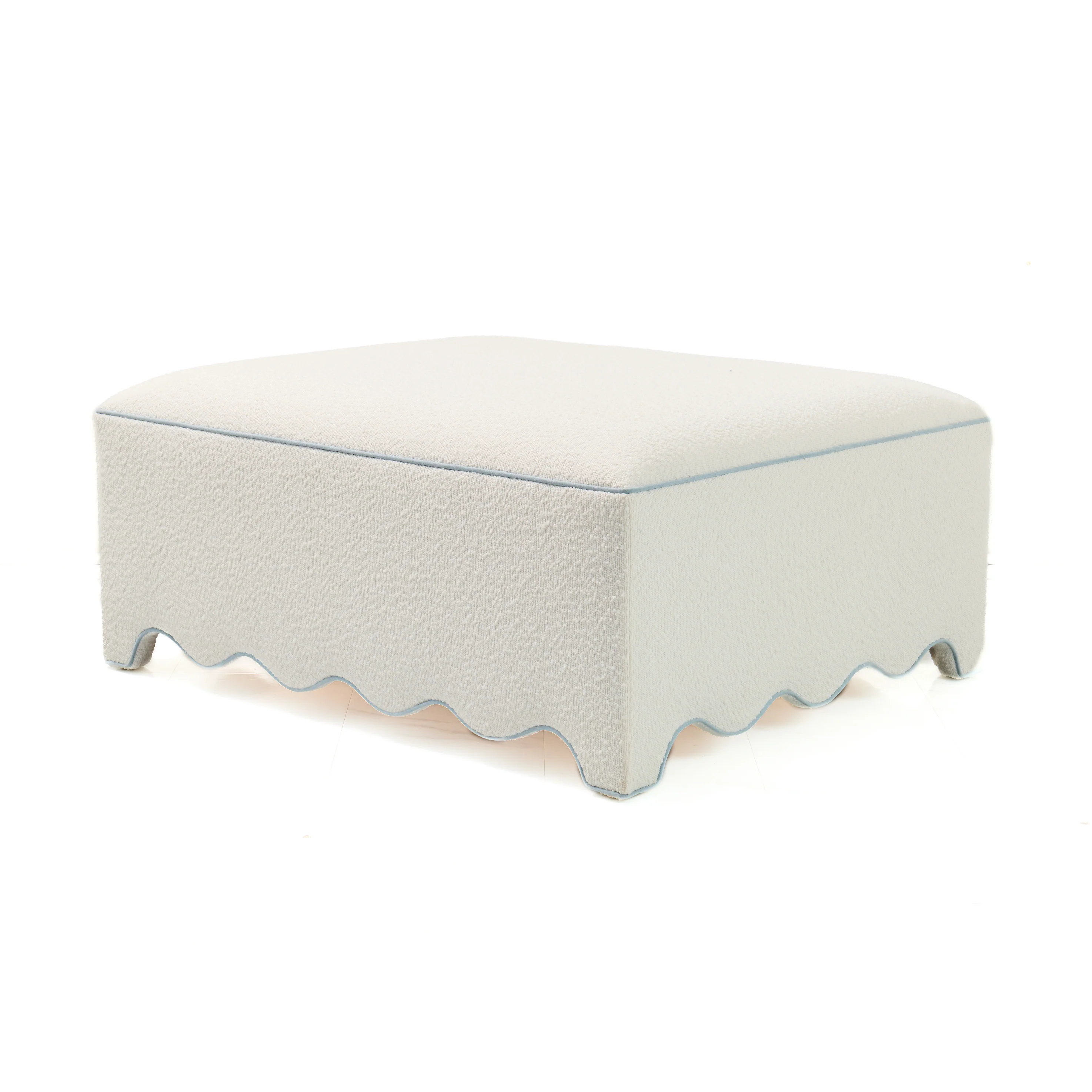 Scalloped Ottoman / Coffee table in White Boucle Fabric - Sky Blue Trim