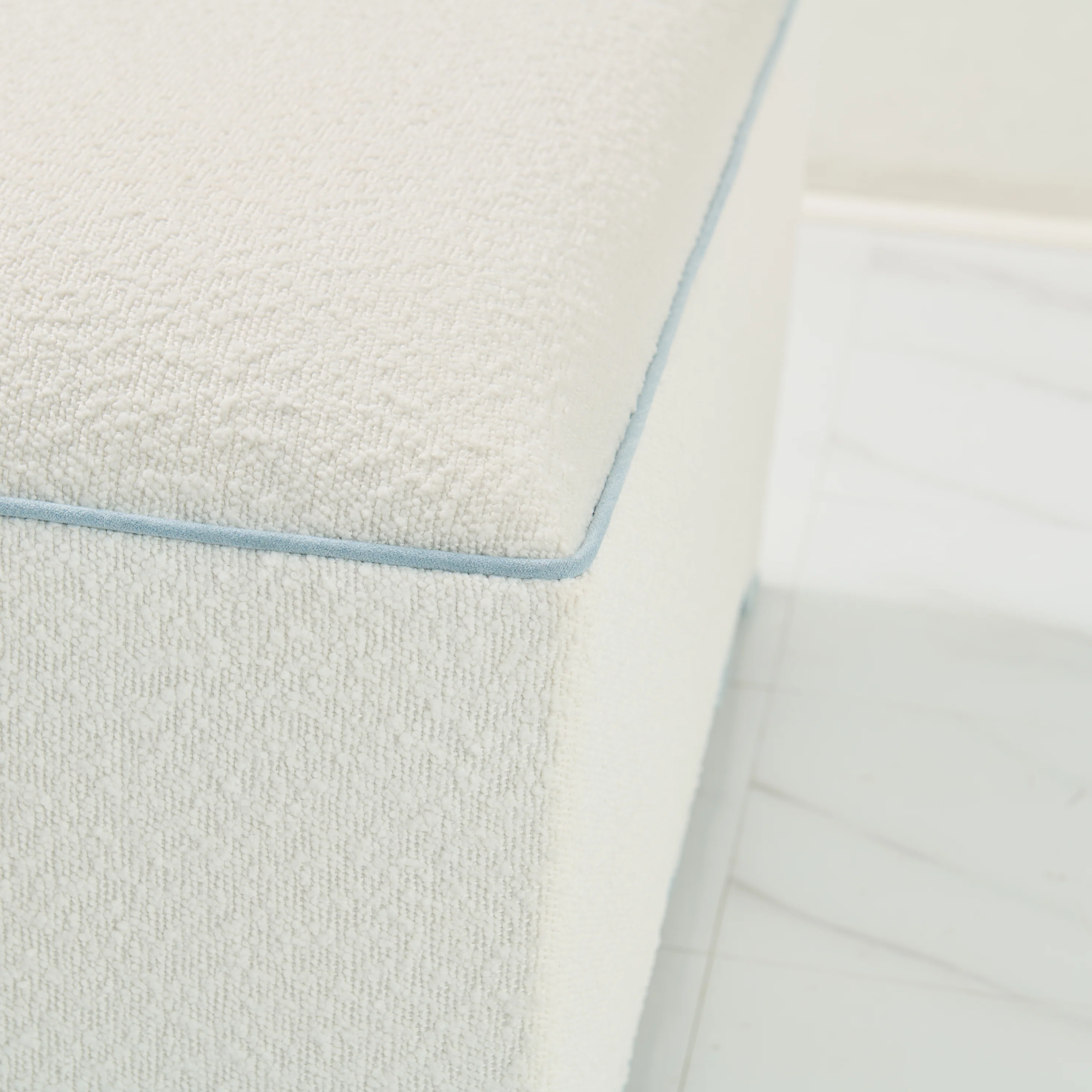 Scalloped Ottoman / Coffee table in White Boucle Fabric - Sky Blue Trim - Image 2