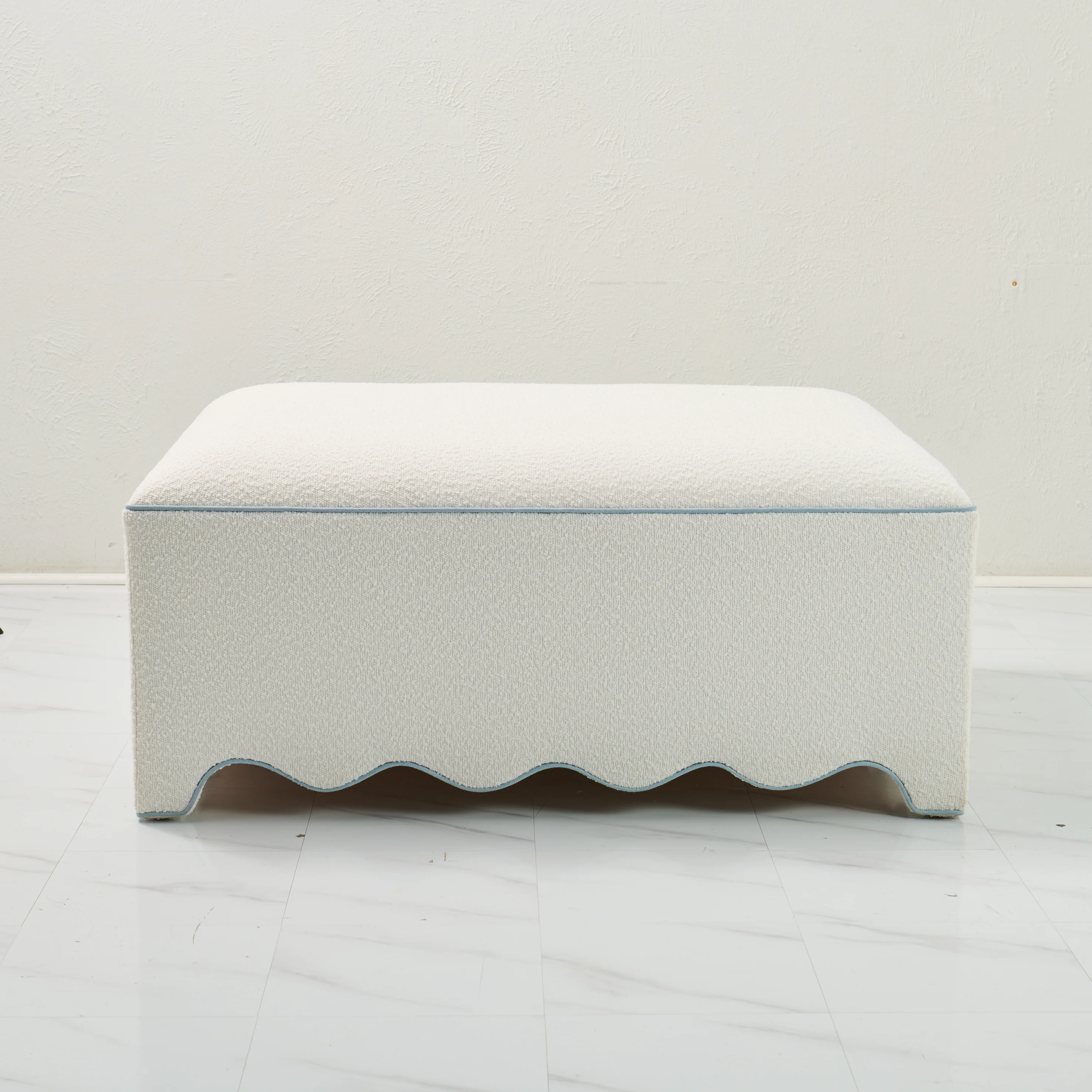 Scalloped Ottoman / Coffee table in White Boucle Fabric - Sky Blue Trim - Image 3