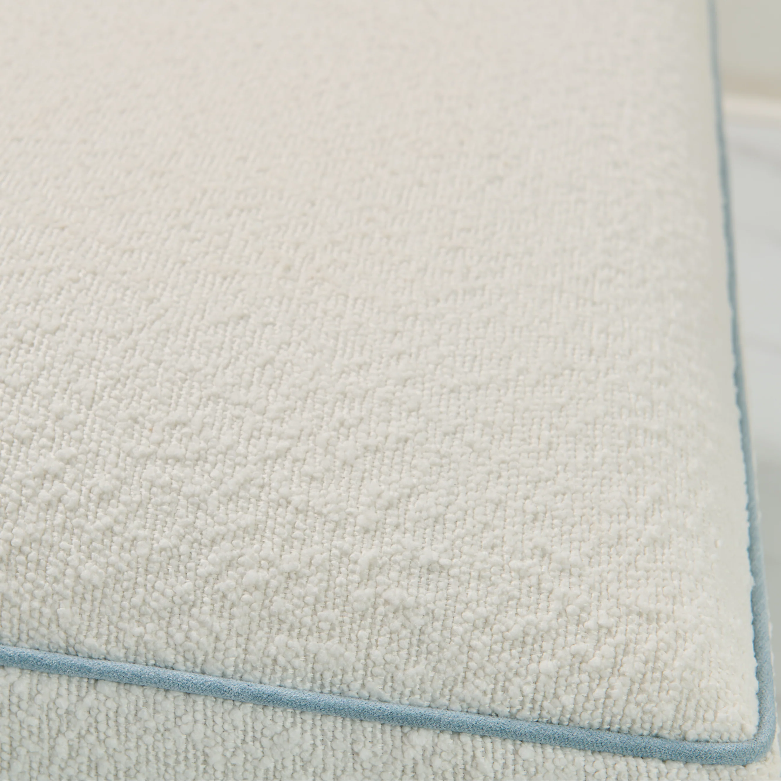 Scalloped Ottoman / Coffee table in White Boucle Fabric - Sky Blue Trim - Image 4