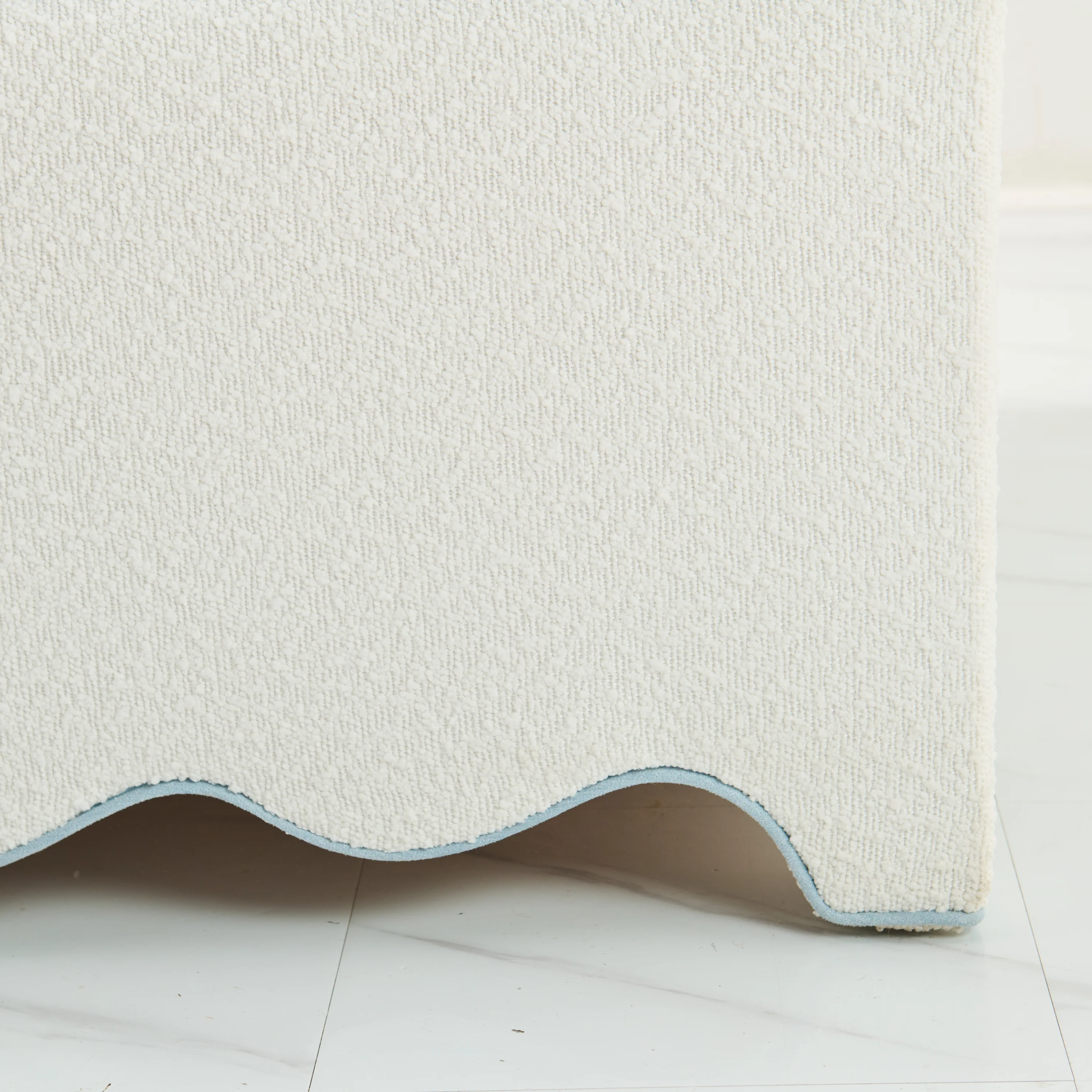 Scalloped Ottoman / Coffee table in White Boucle Fabric - Sky Blue Trim - Image 5