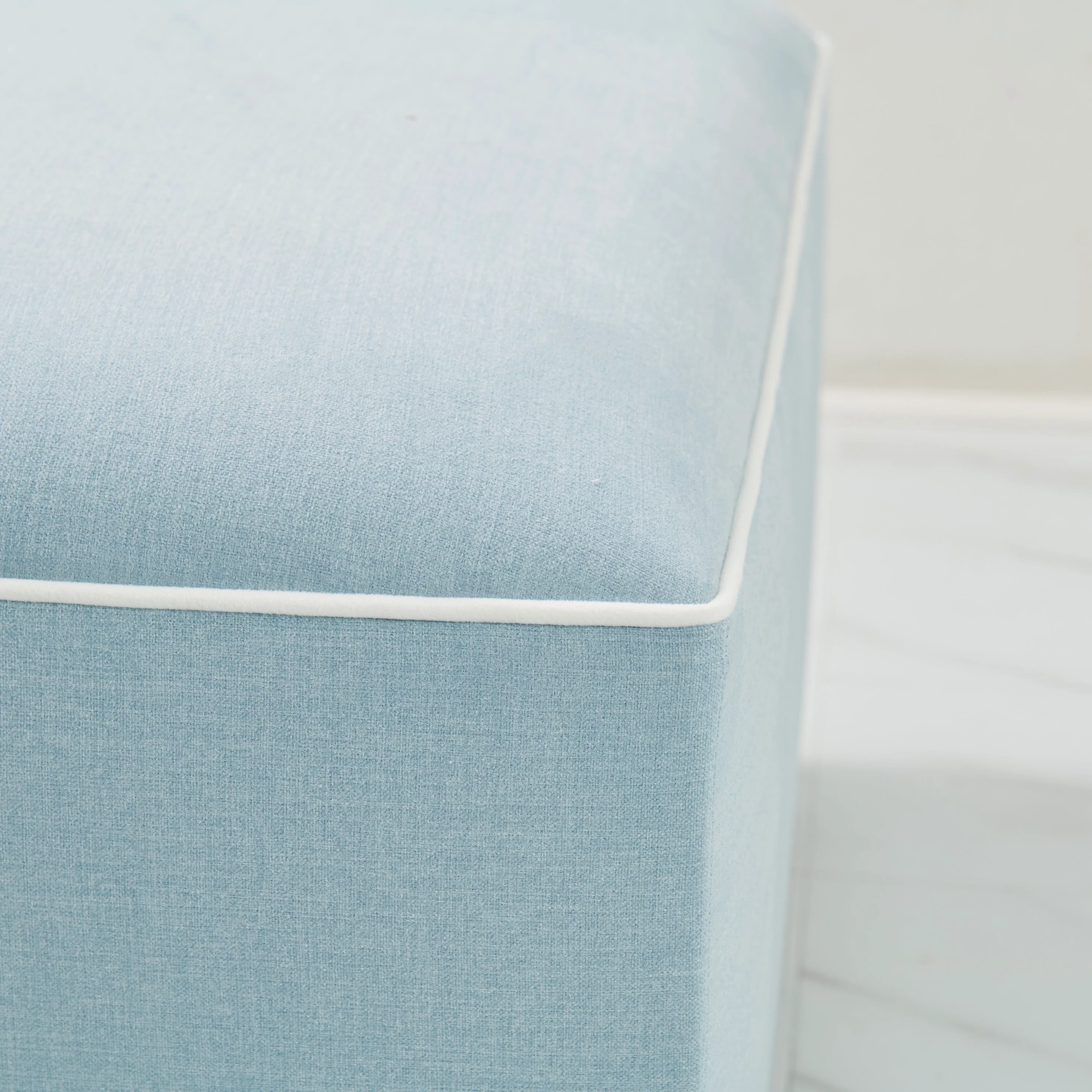 Scalloped Ottoman / Coffee table in Sky Blue Woven Fabric - White Trim - Image 5
