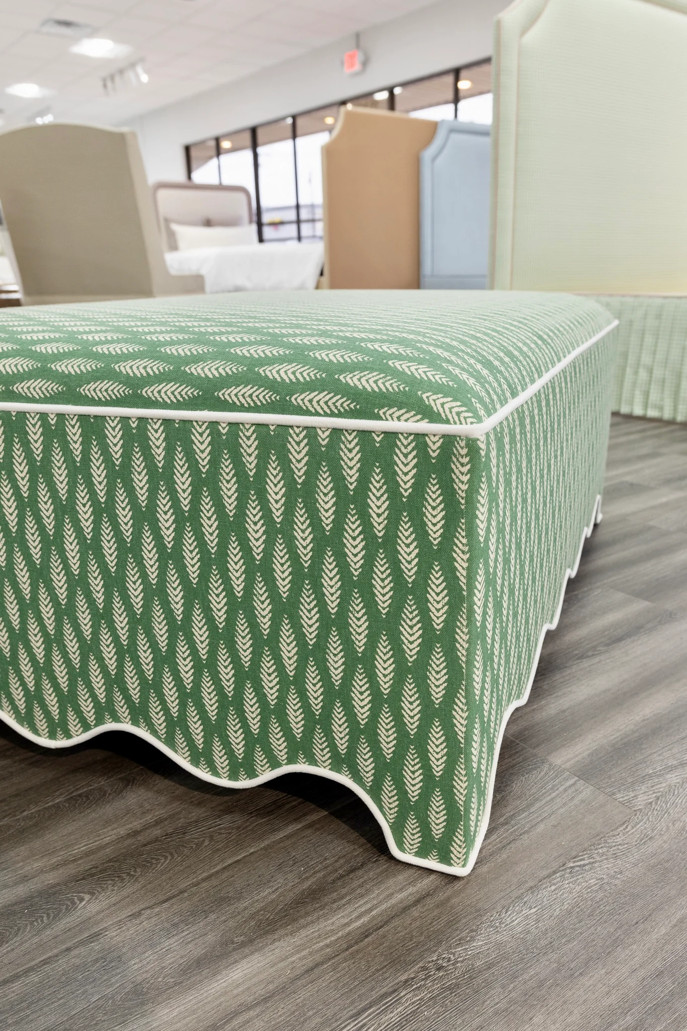 Scalloped ottoman - Floral Green with White Piping - Image 8