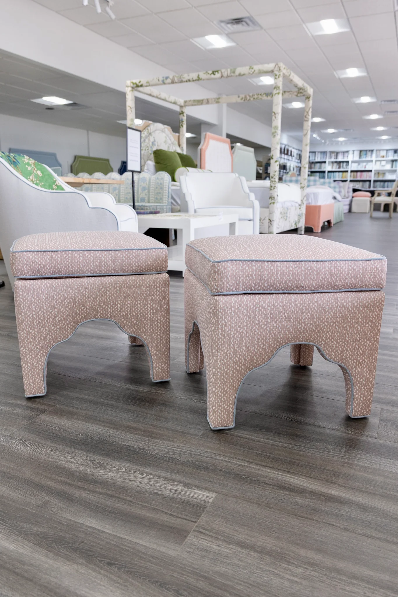 Scalloped Stool - Blush Pink Dot Pattern Fabric - Sky Blue Trim - Image 2