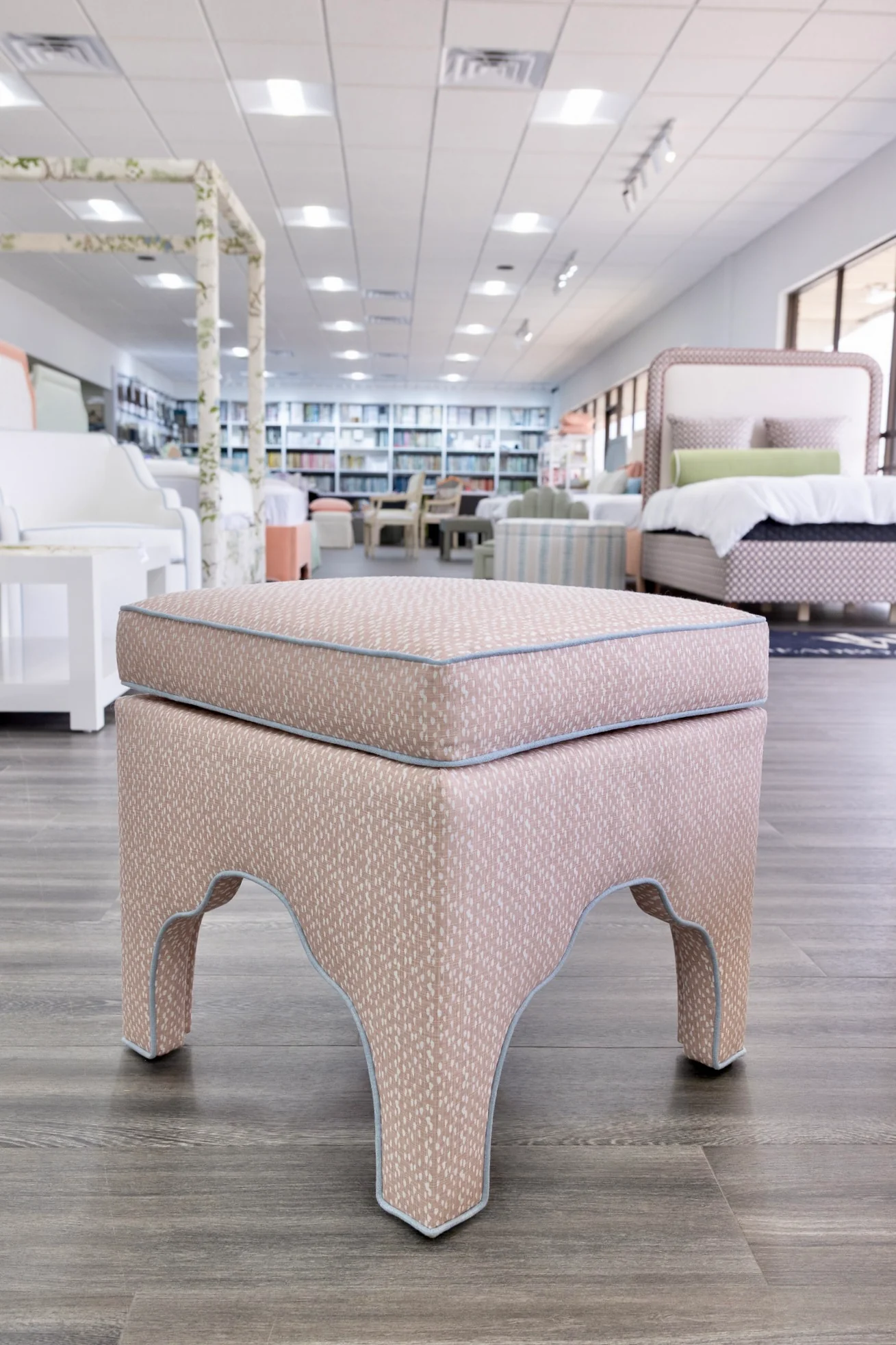 Scalloped Stool - Blush Pink Dot Pattern Fabric - Sky Blue Trim - Image 3