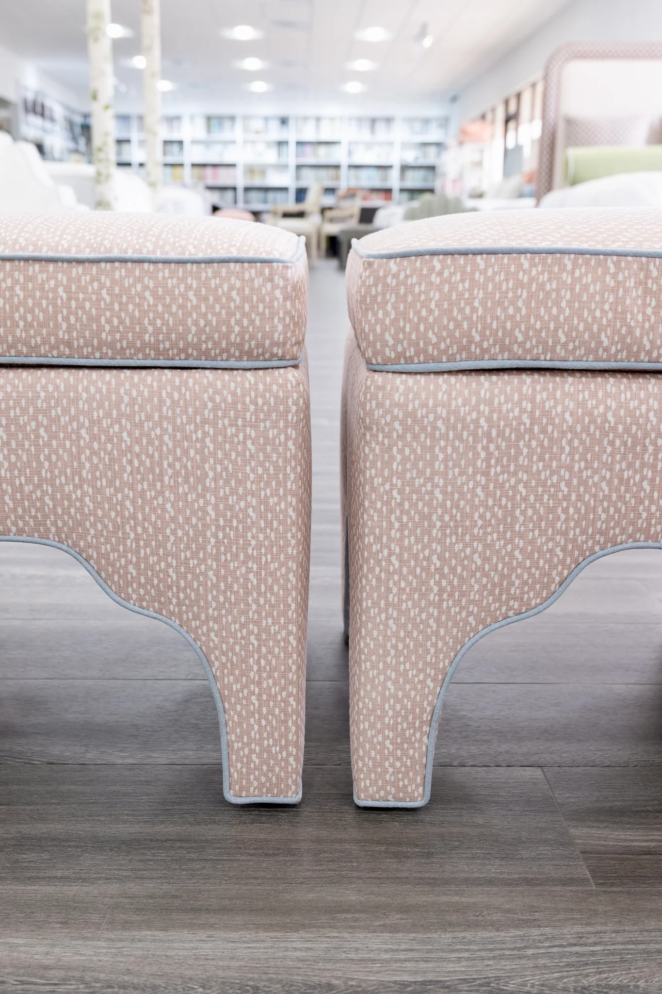 Scalloped Stool - Blush Pink Dot Pattern Fabric - Sky Blue Trim - Image 4