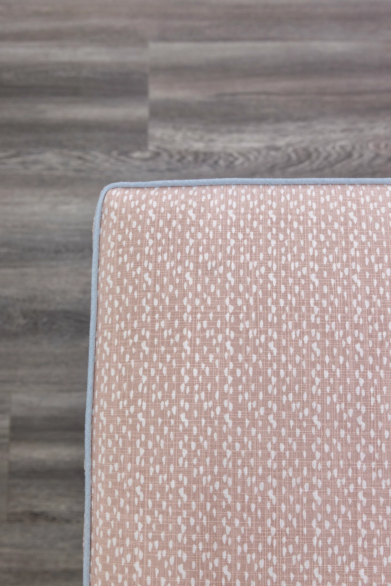 Scalloped Stool - Blush Pink Dot Pattern Fabric - Sky Blue Trim - Image 5