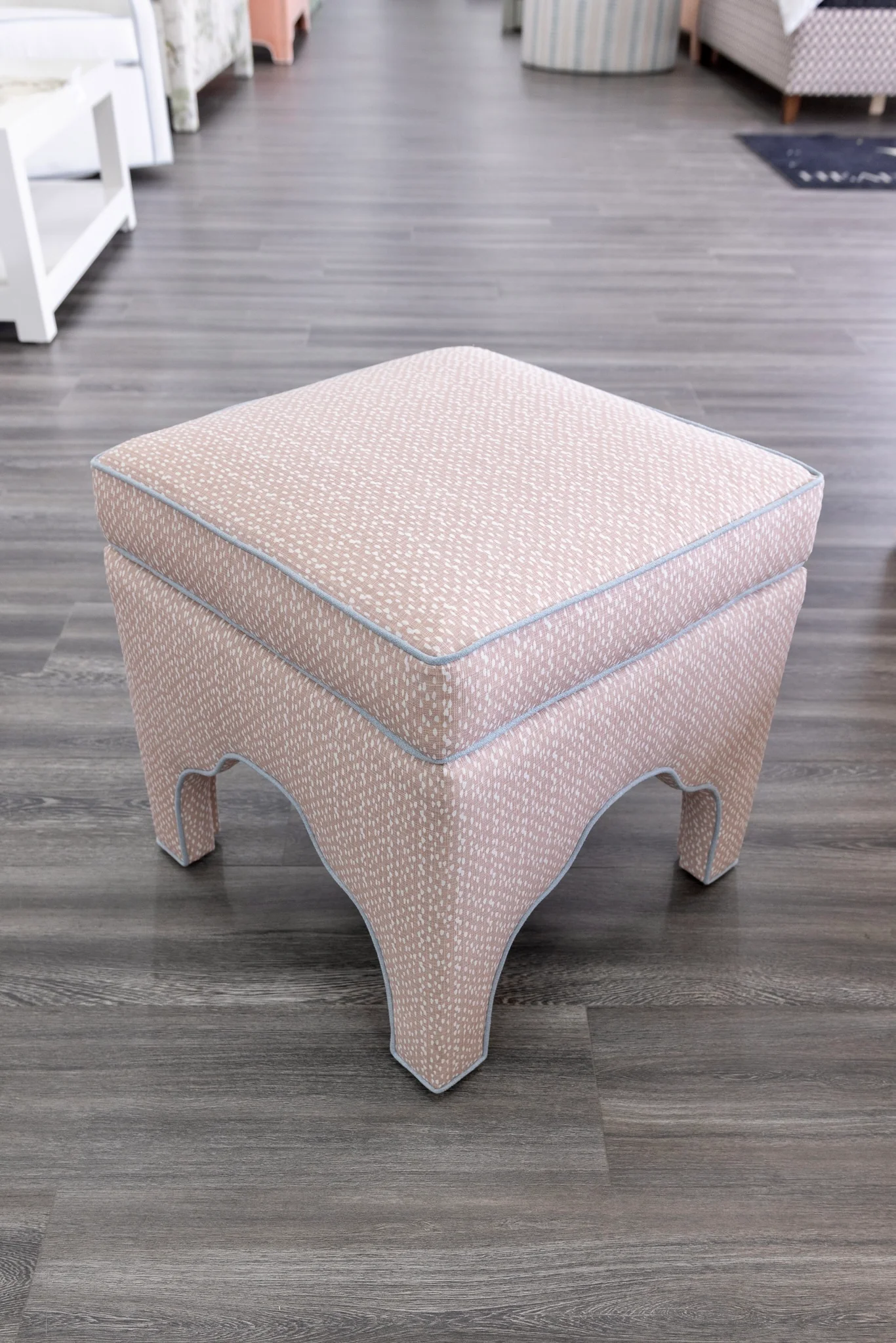 Scalloped Stool - Blush Pink Dot Pattern Fabric - Sky Blue Trim - Image 7