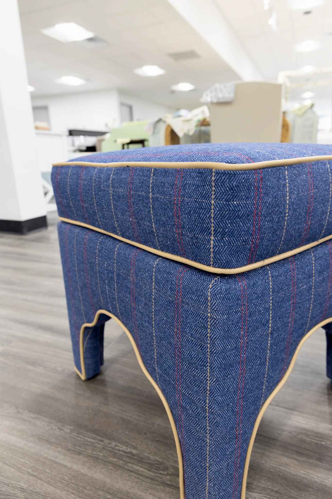 Scalloped Stool - Stout Navy Plaid Fabric - Beige Trim - Image 4