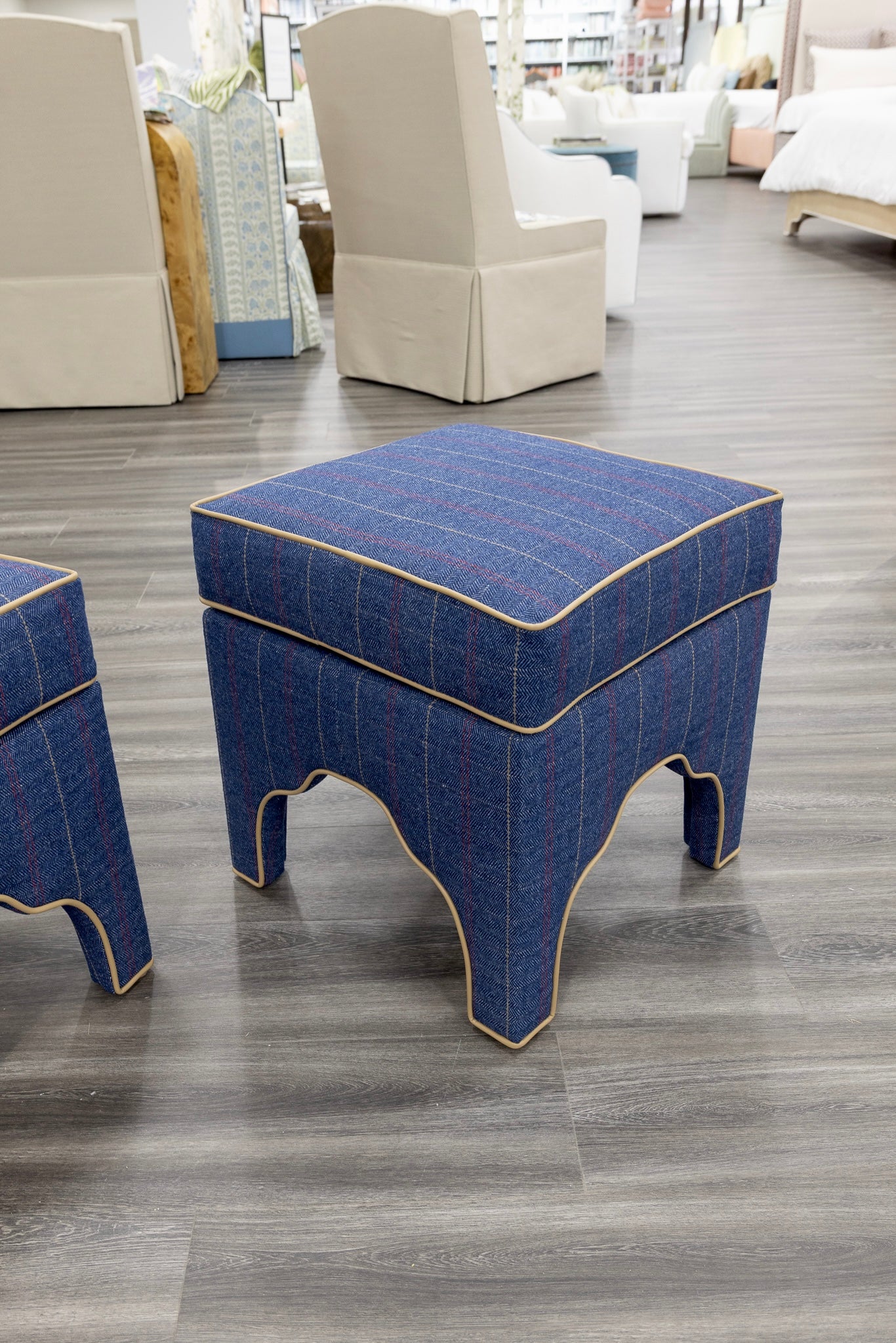 Scalloped Stool - Stout Navy Plaid Fabric - Beige Trim - Image 6