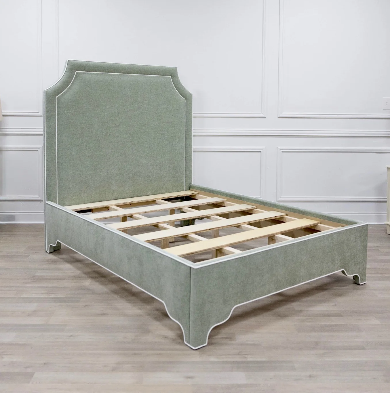 The Addison Queen Upholstered Platform Bed - Crypton Sage Linen Look Fabric - White Trim - Image 11