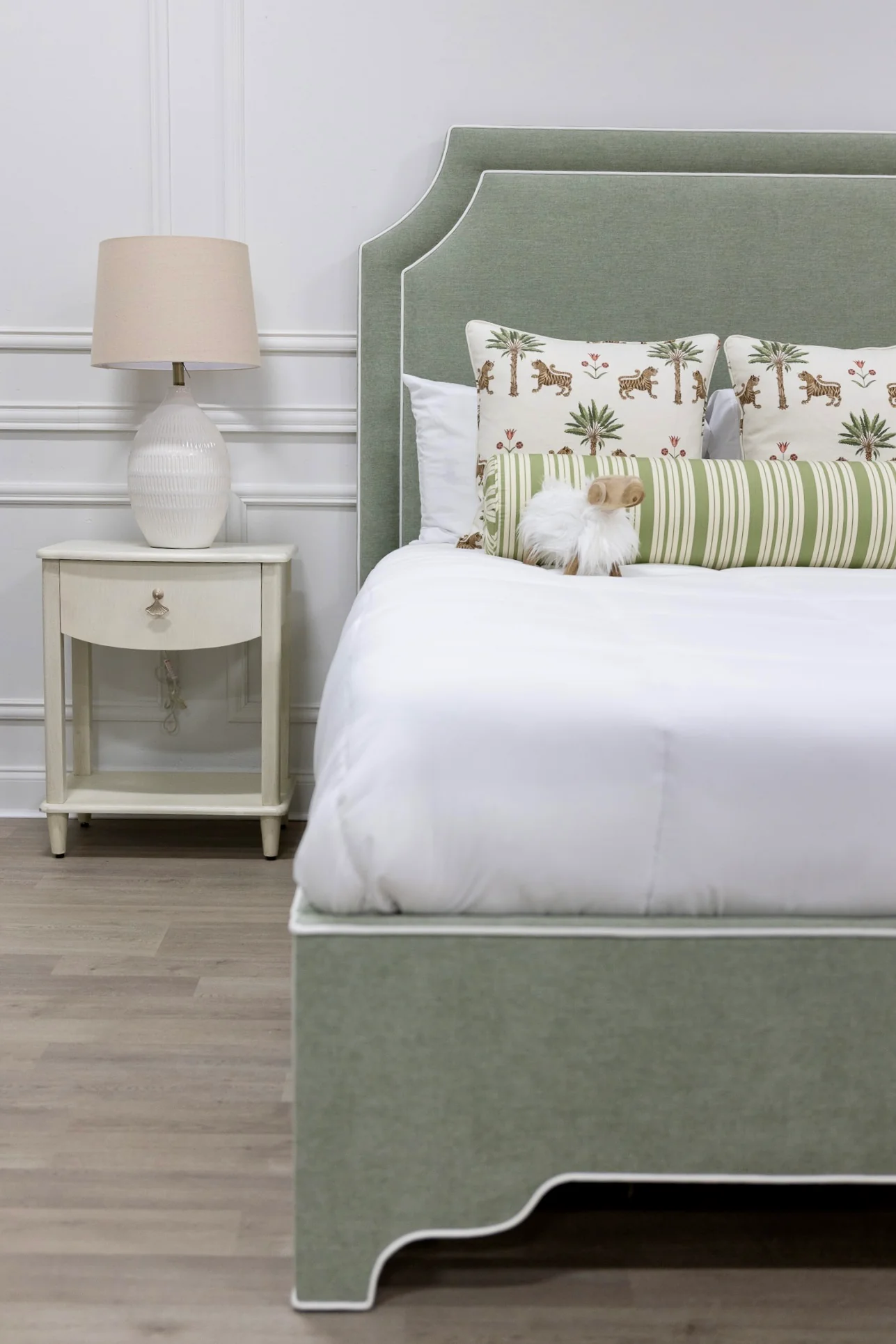 The Addison Queen Upholstered Platform Bed - Crypton Sage Linen Look Fabric - White Trim - Image 2