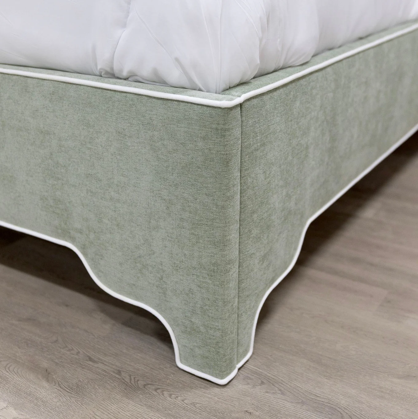 The Addison Queen Upholstered Platform Bed - Crypton Sage Linen Look Fabric - White Trim - Image 5