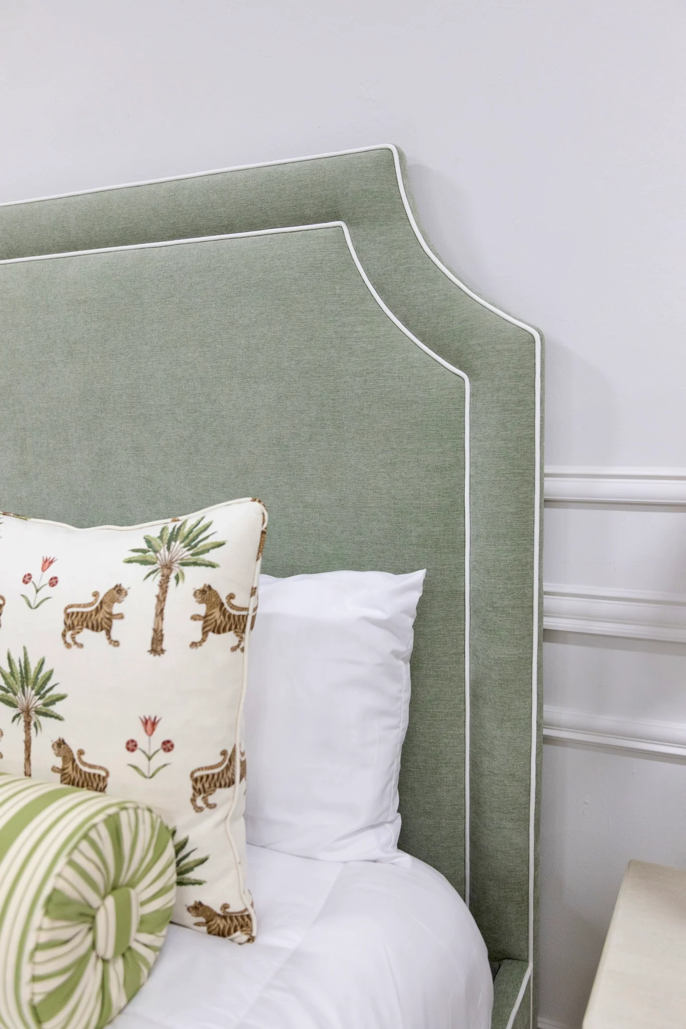 The Addison Queen Upholstered Platform Bed - Crypton Sage Linen Look Fabric - White Trim - Image 7