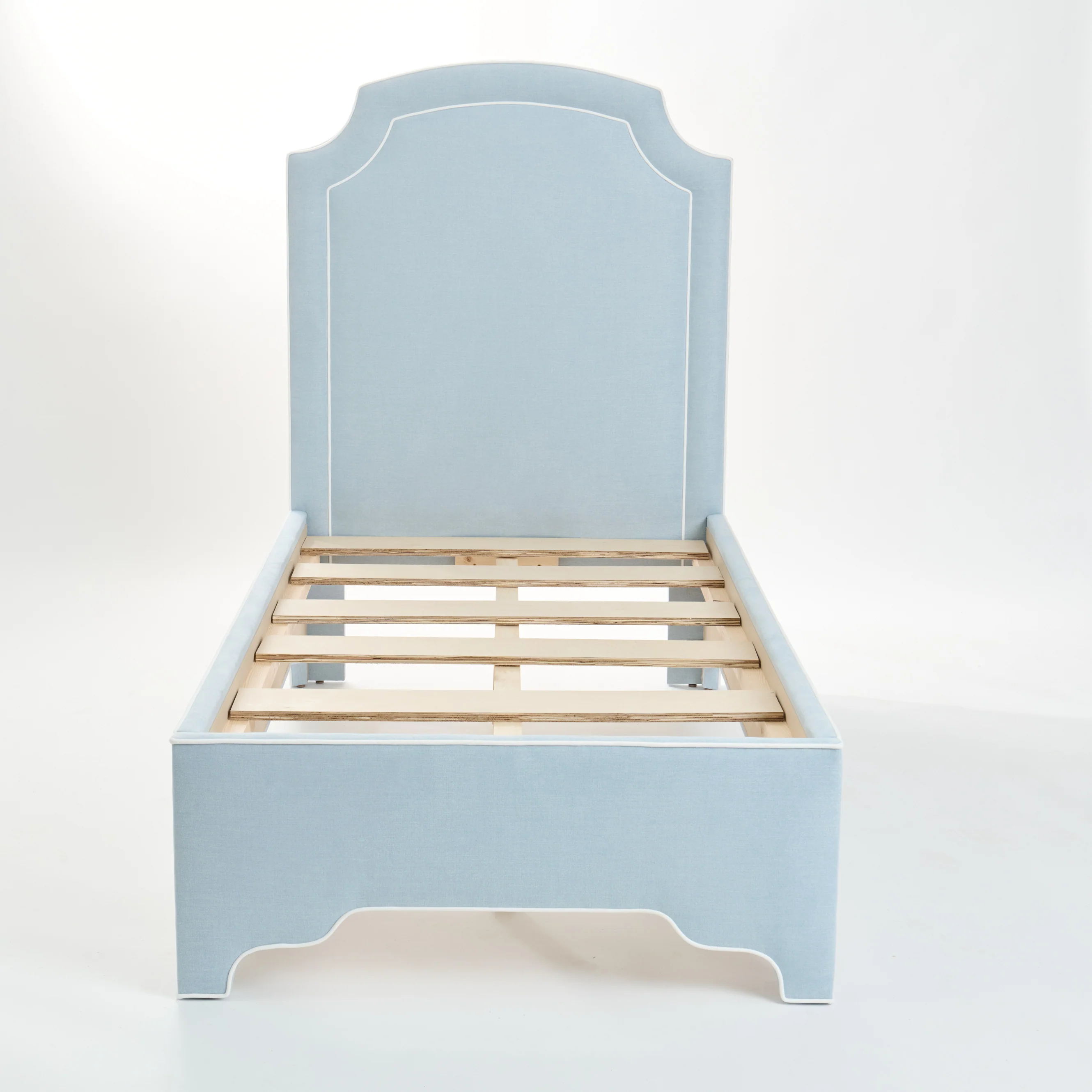 The Aliana Twin Platform Bed in Sky Blue Woven Fabric - White Trim - Image 6